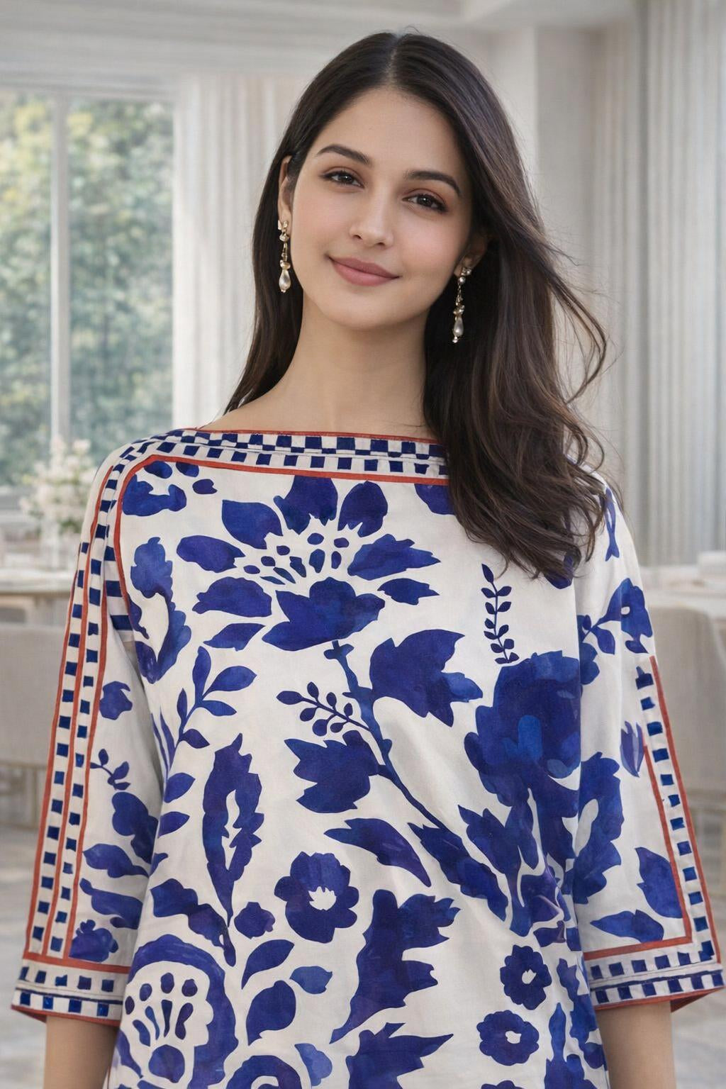 Ivory Indigo Bloom Modest Co-Ord Set