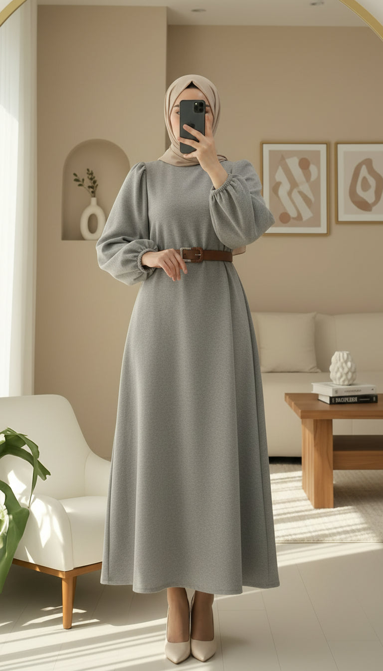 grey puff sleeve modest dress women