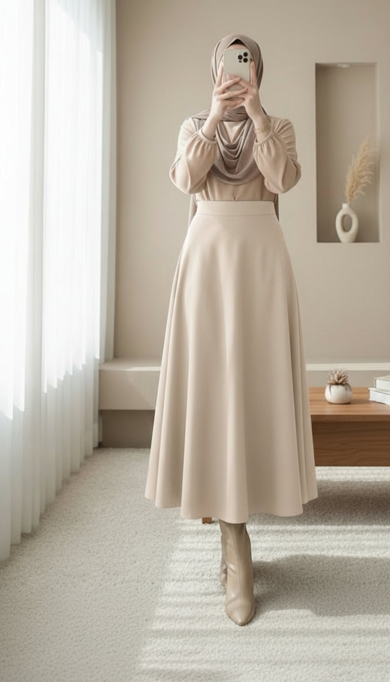 minimalist beige modest maxi skirt