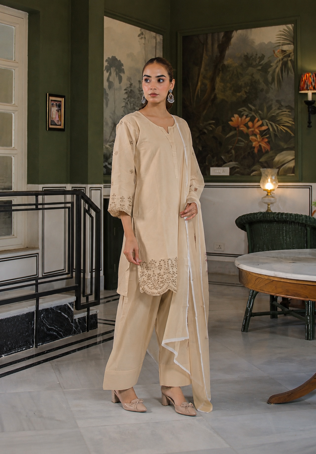 beige embroidered farshi modest co ord set