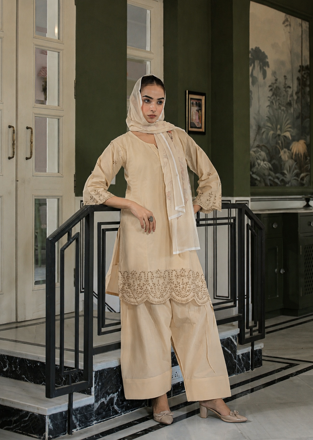 cotton farshi suit with chiffon dupatta