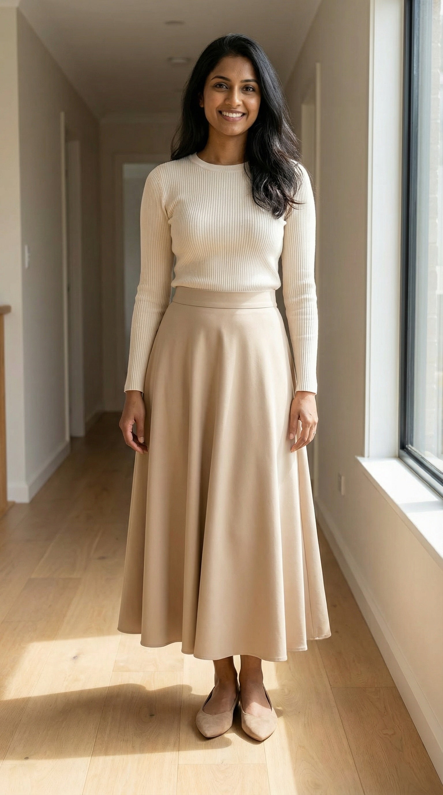 Beige A-Line Elastic Waist Modest Scuba Maxi Skirt