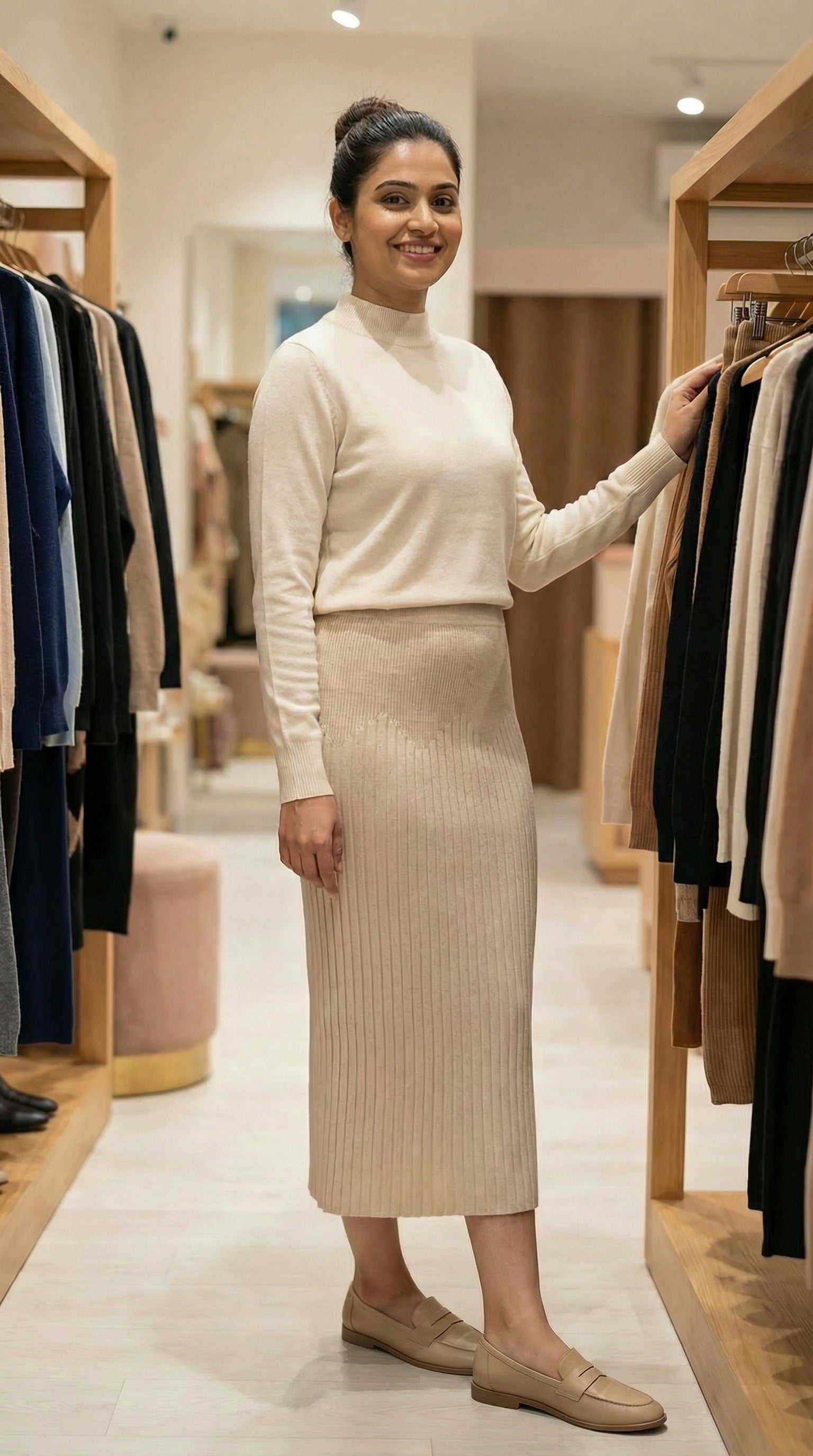 premium beige knit modest skirt women