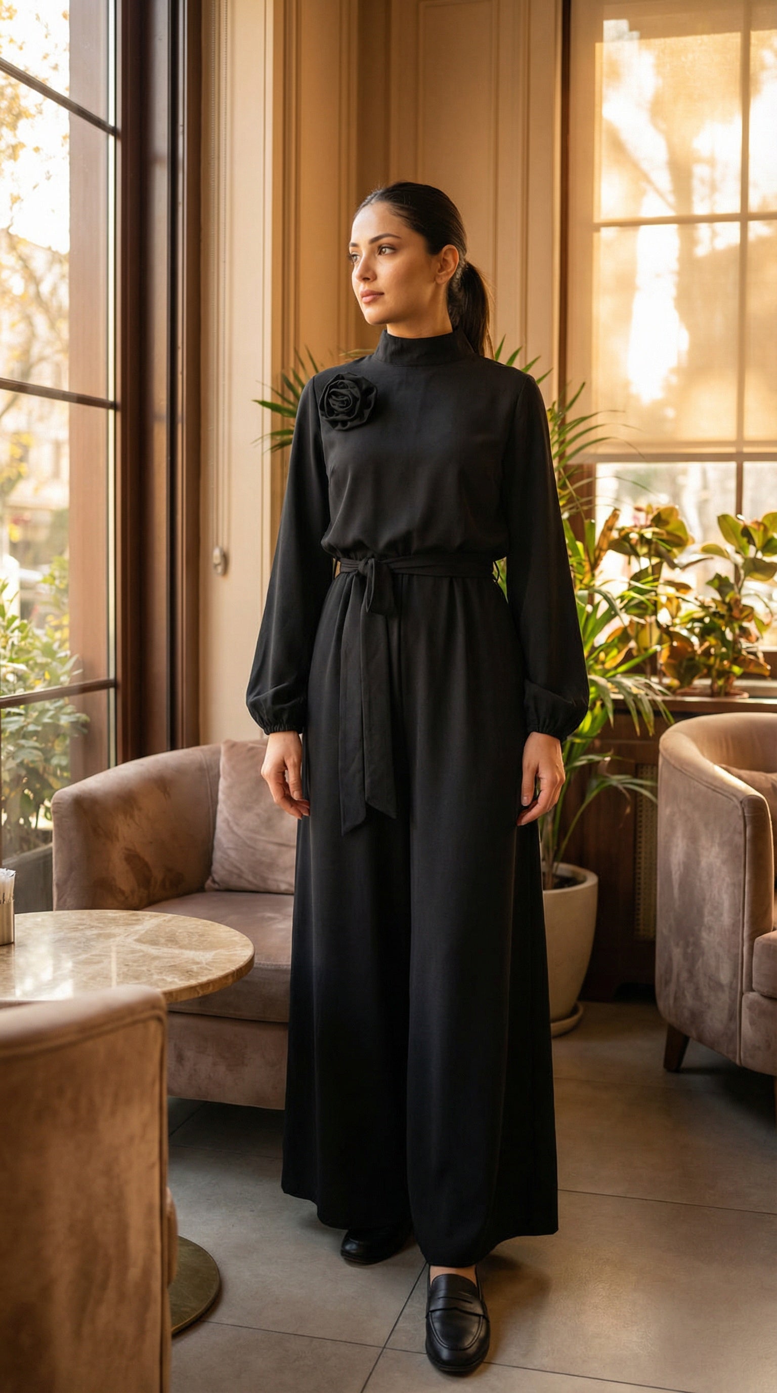 Black Rose Modest Crepe Belted Jumpsuit