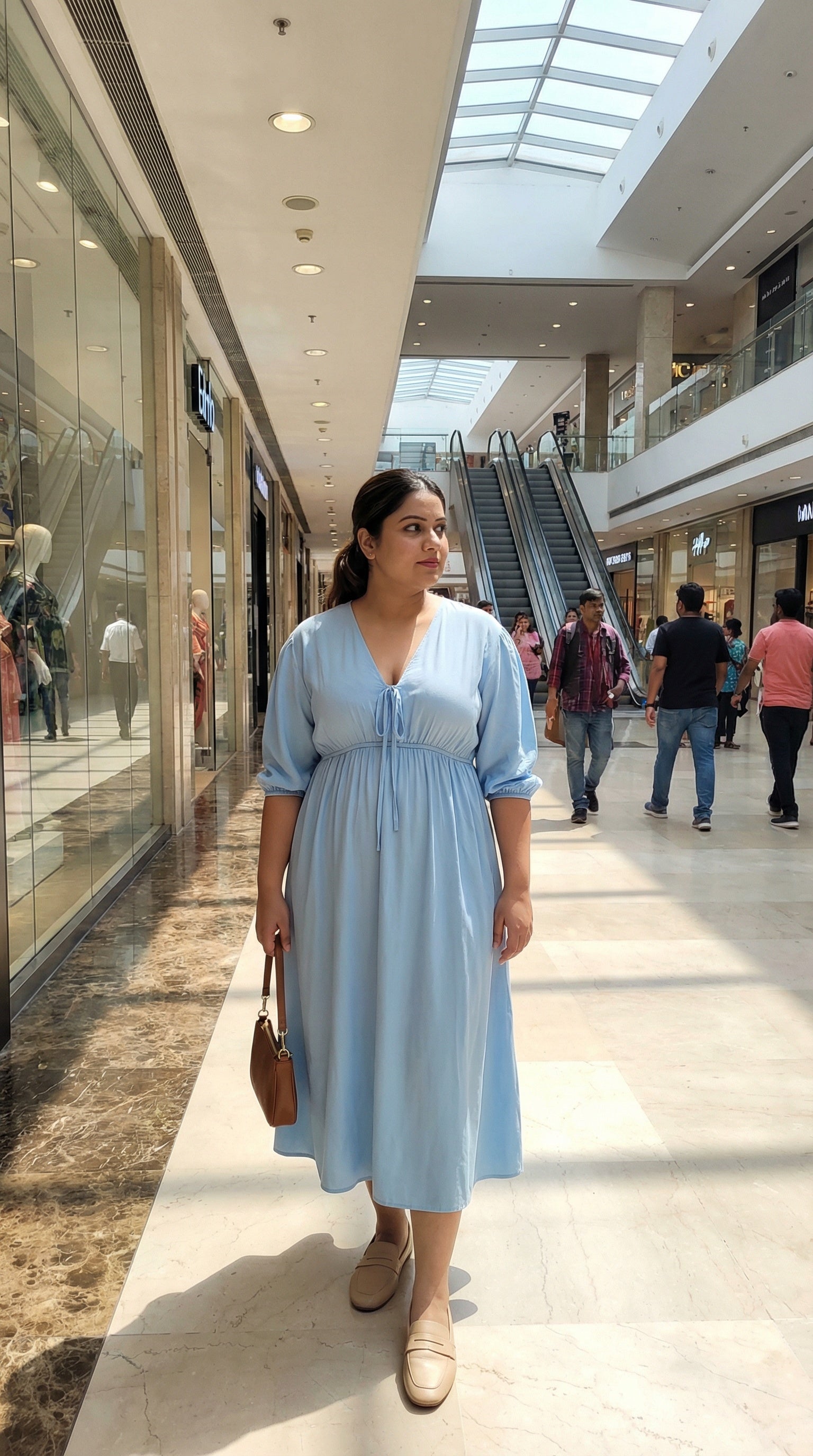 Blue Modest Fit & Flare V-Neck Midi Dress – Elegant Daywear