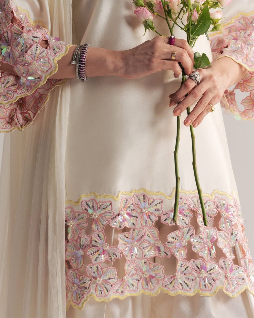 ivory farshi set with floral embellishments