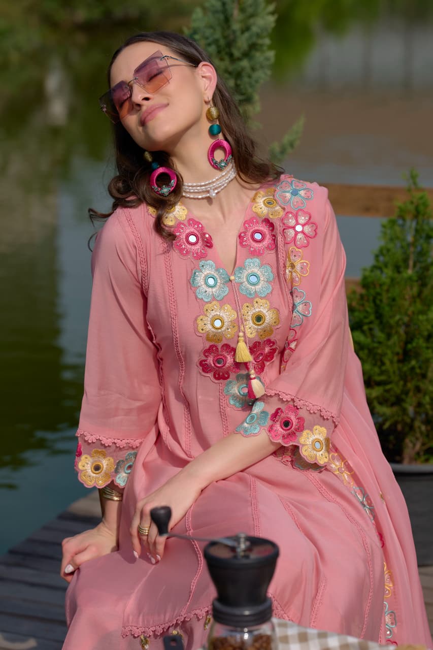 blush pink mul chanderi embroidered co ord set