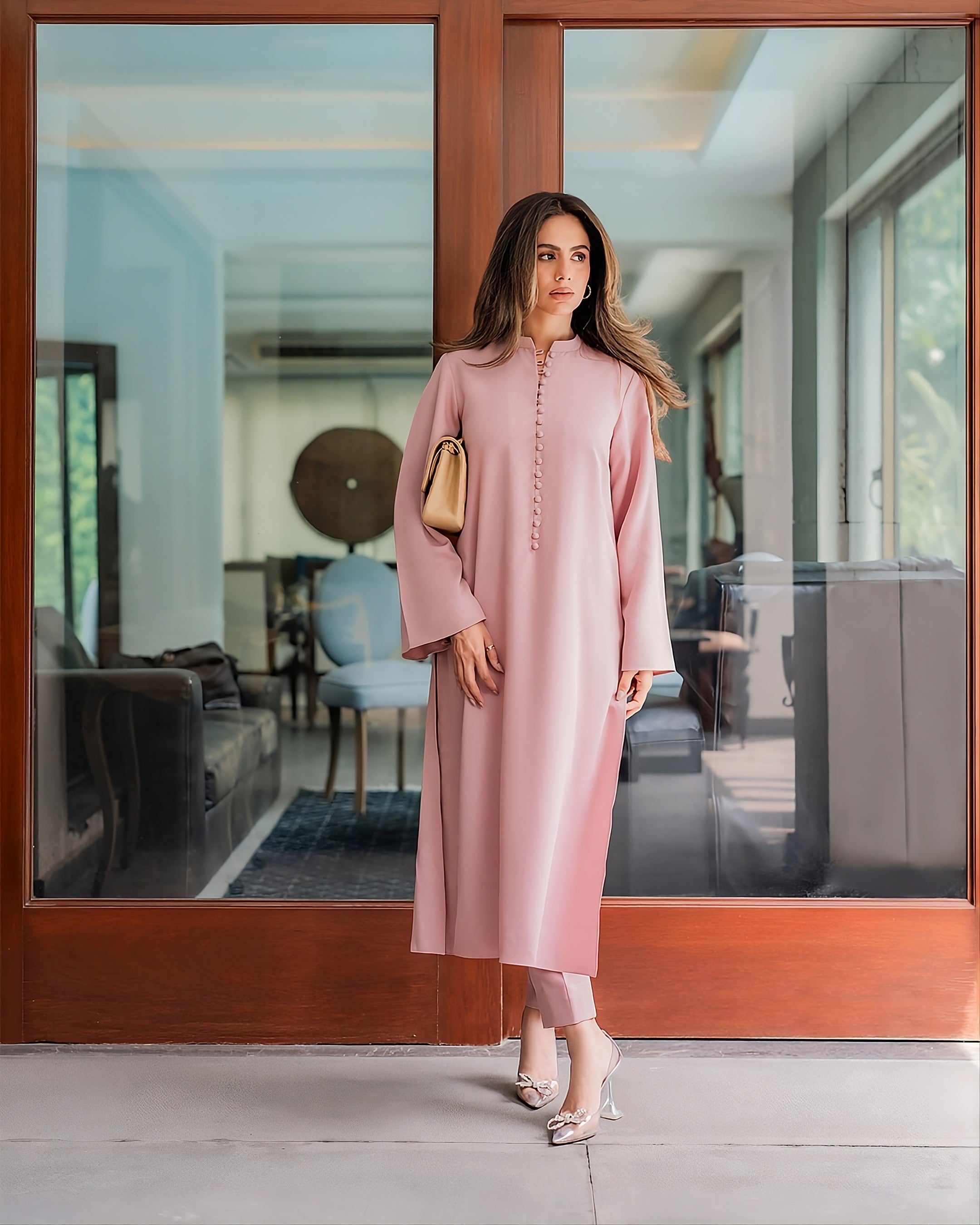 blush modest outfit with flowy sleeves
