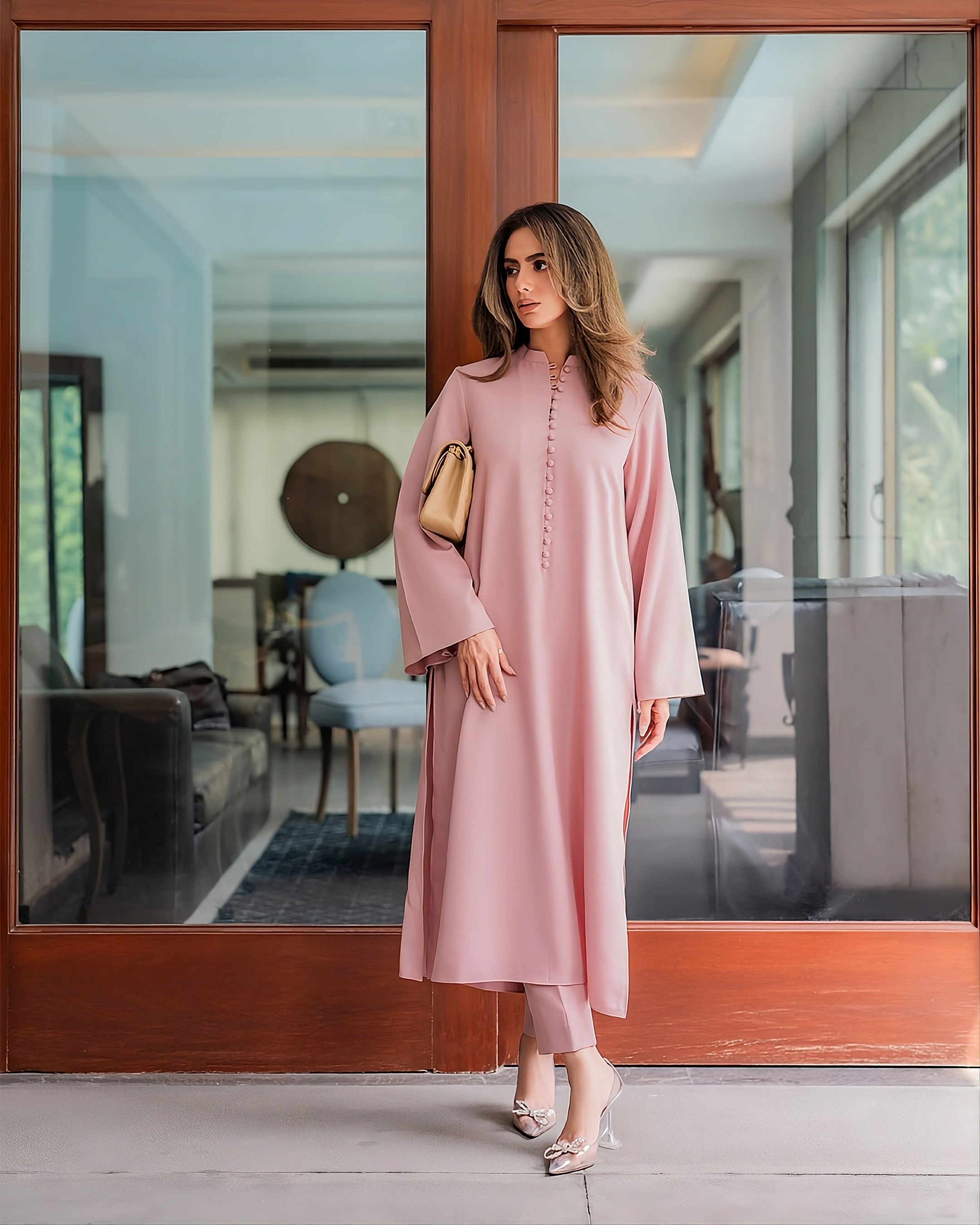 wrinkle resistant modest co ord set pink