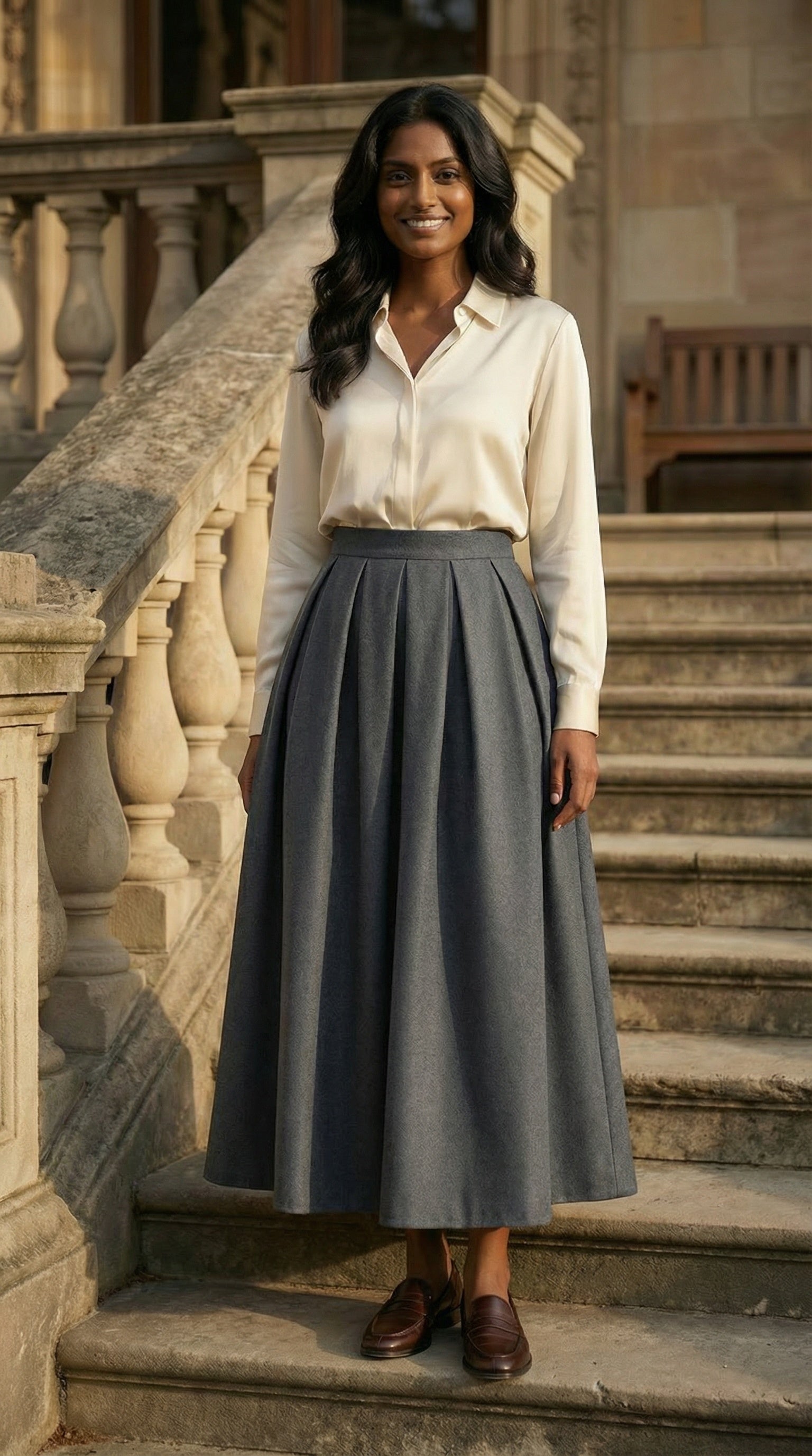 charcoal pleated modest a line skirt women