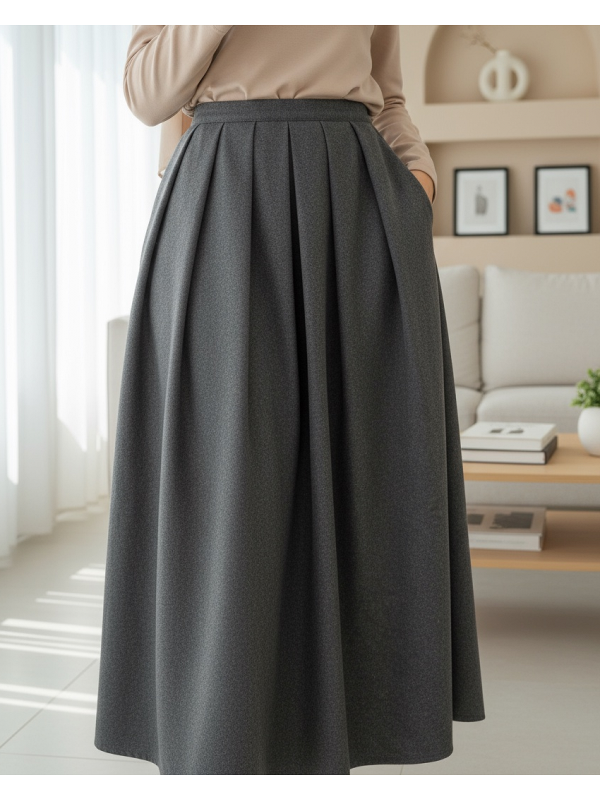 full length modest pleated skirt charcoal