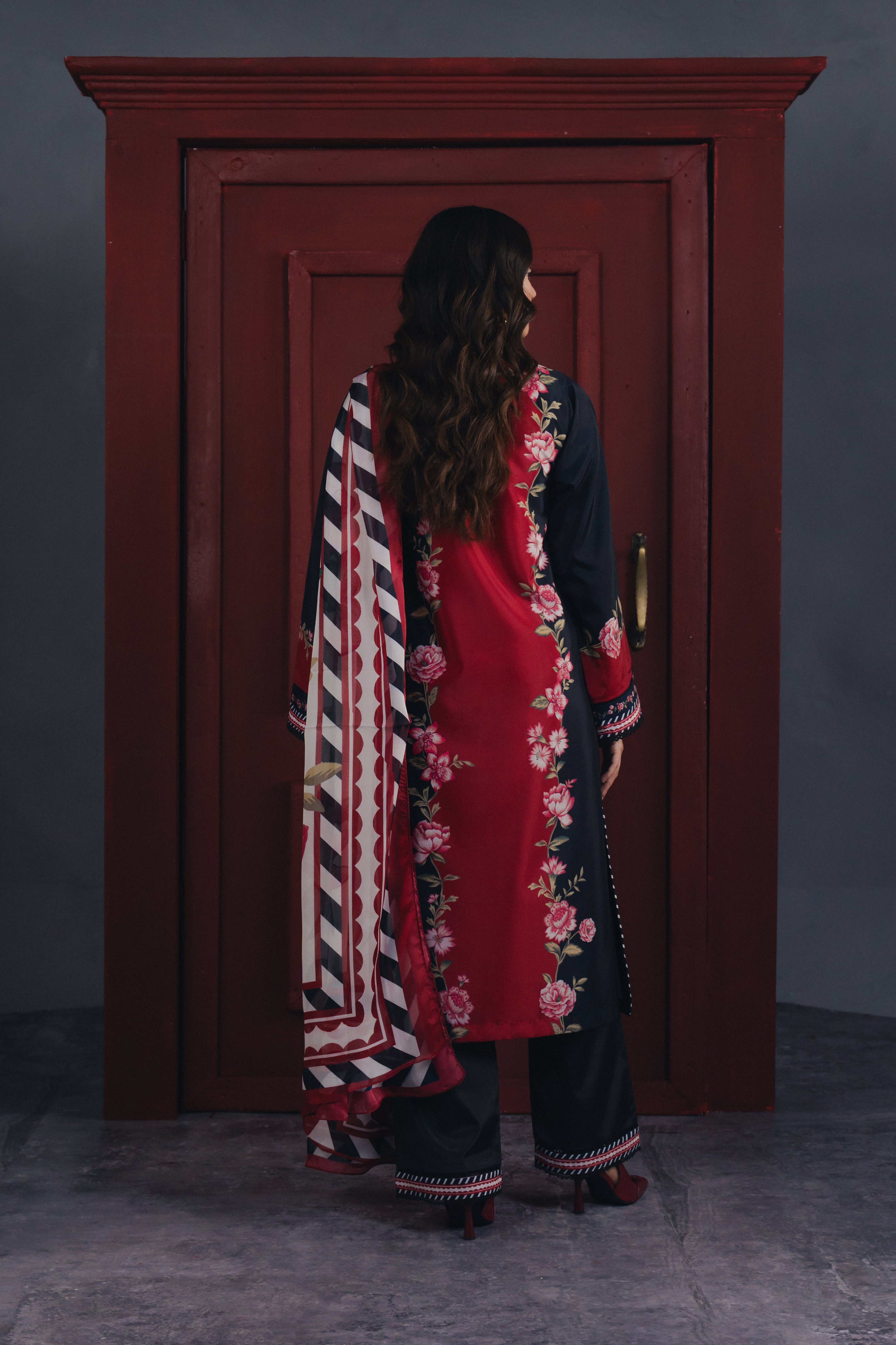 red black floral modest coord set