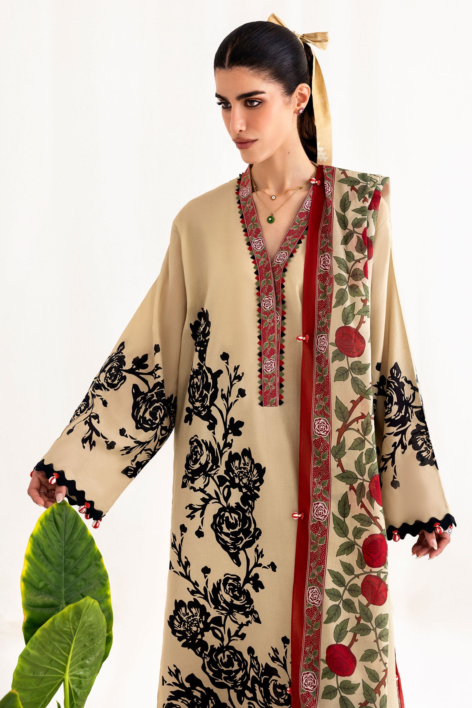 beige black floral modest outfit women