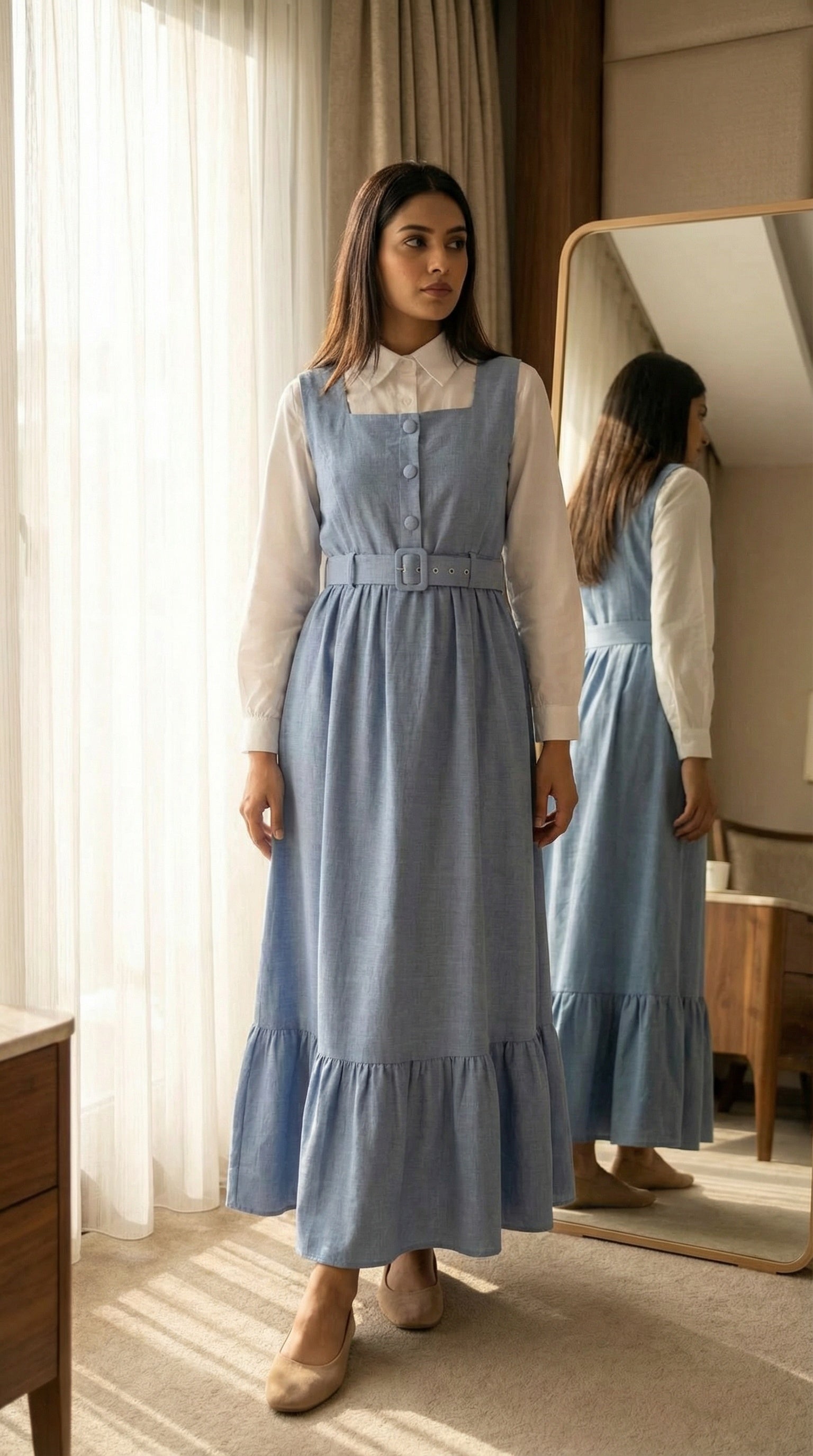 Dusty Blue Korean-Inspired Button-Front Modest Maxi Dress