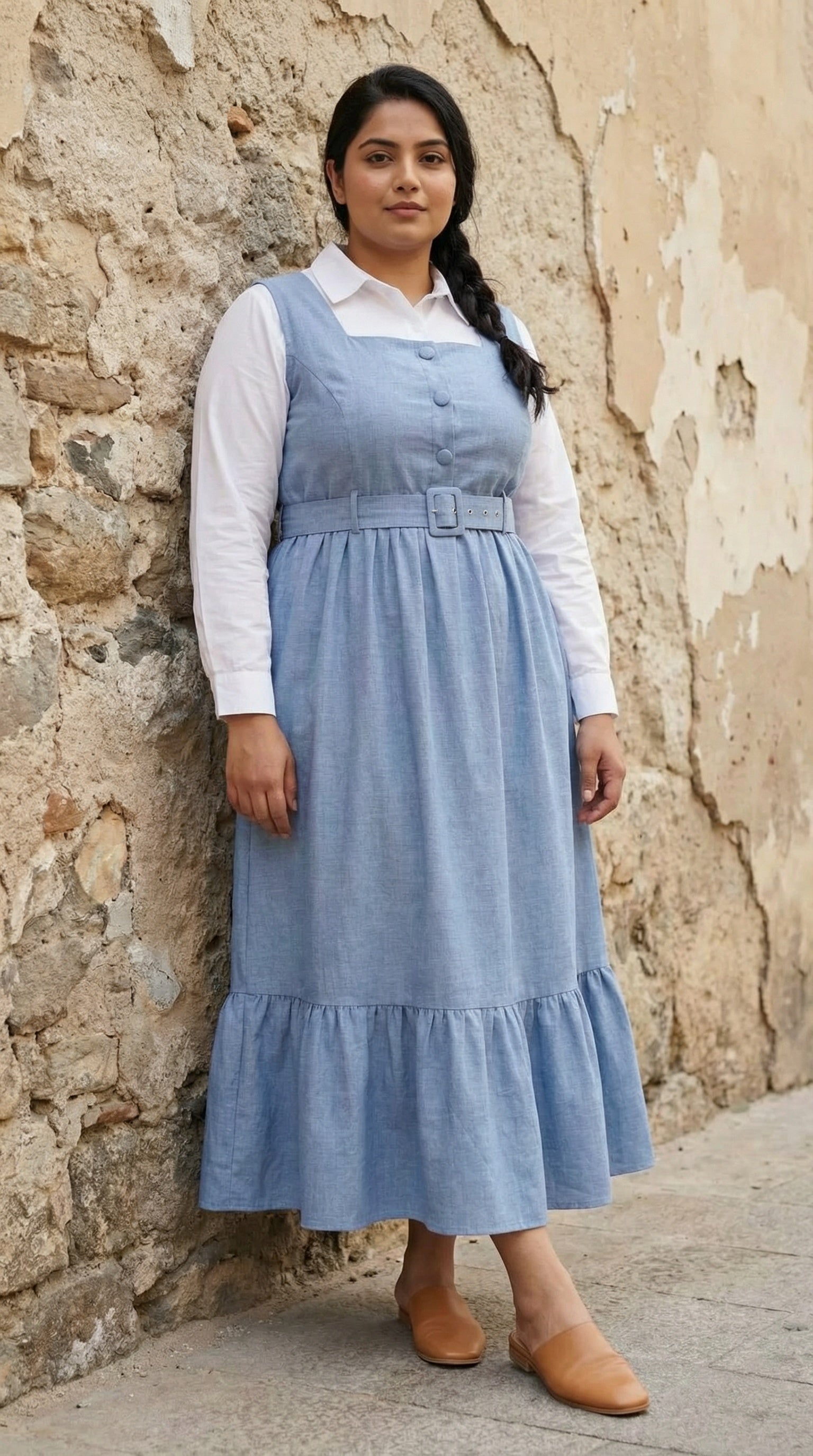 Dusty Blue Korean-Inspired Button-Front Modest Maxi Dress
