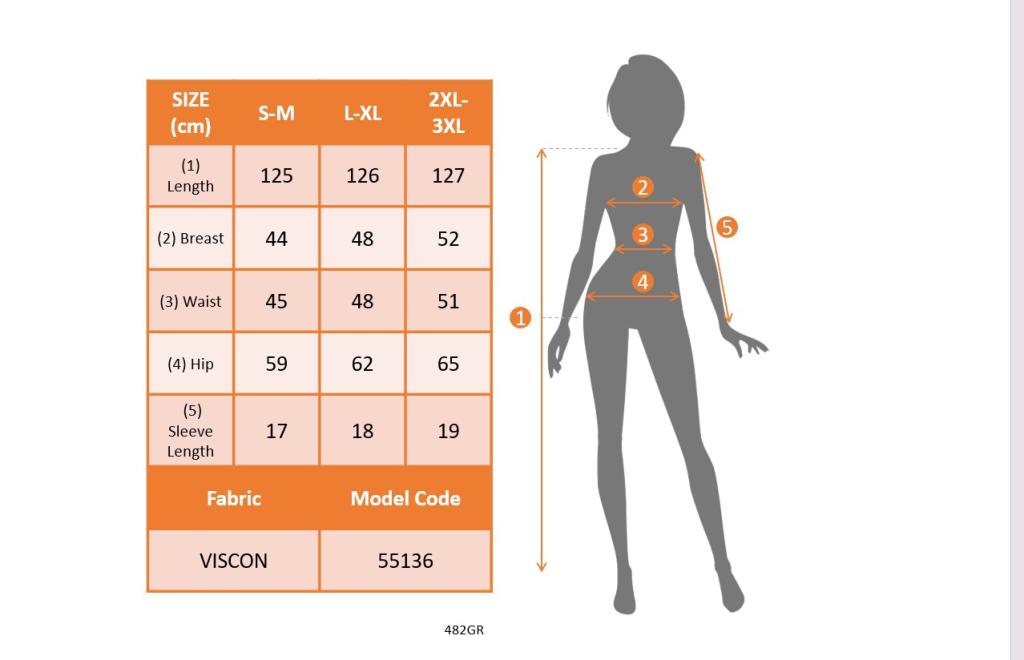 Size chart for clothing with a silhouette and measurements on an orange background