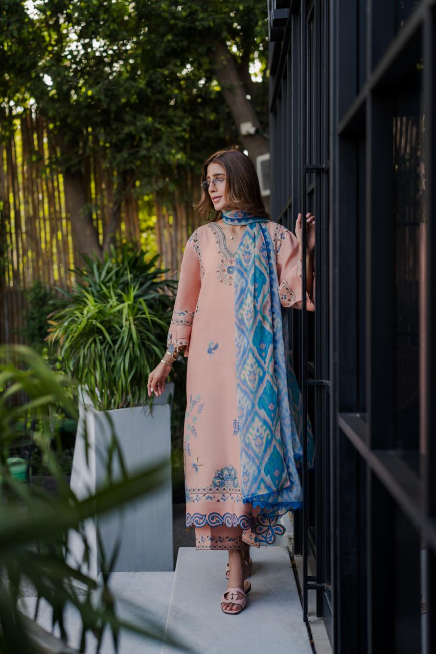 Women's peach Cotton Satin Blend long top with blue floral motifs