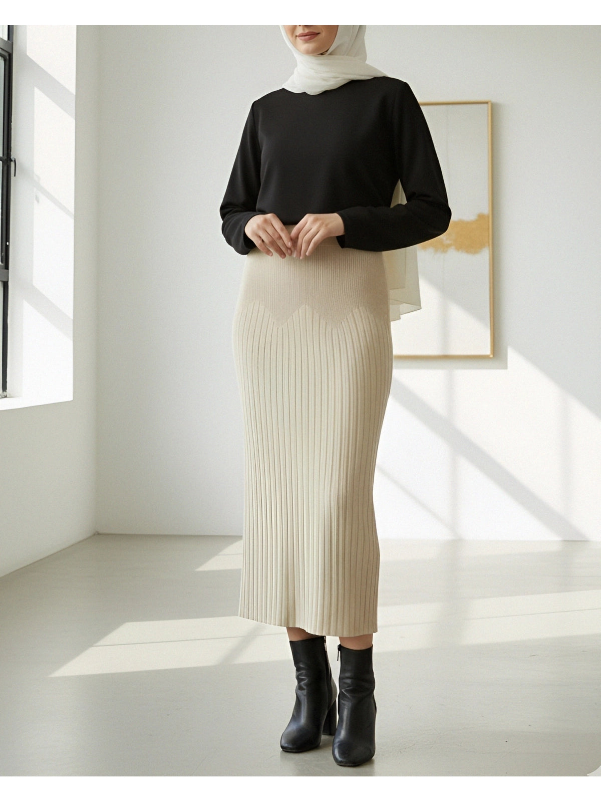 ribbed knit straight modest skirt stretch waist
