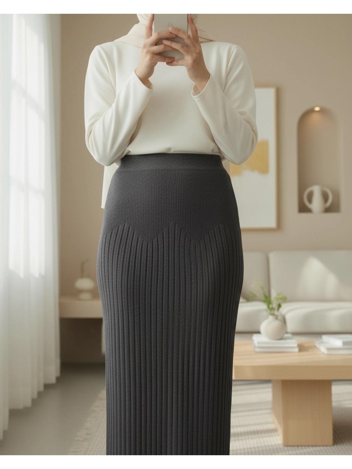 Charcoal Grey Ribbed Knit Straight Modest Maxi Skirt