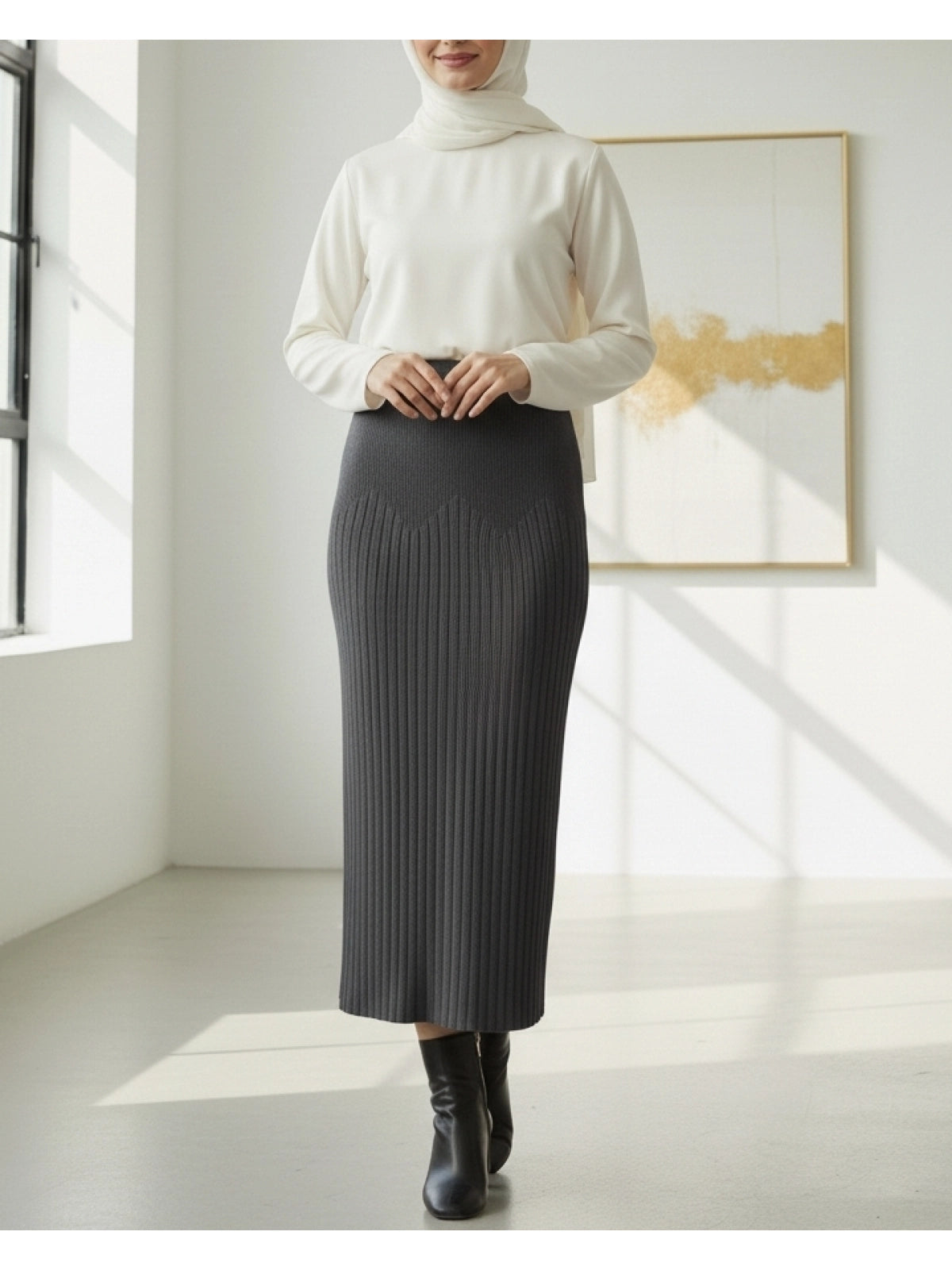 Charcoal Grey Ribbed Knit Straight Modest Maxi Skirt