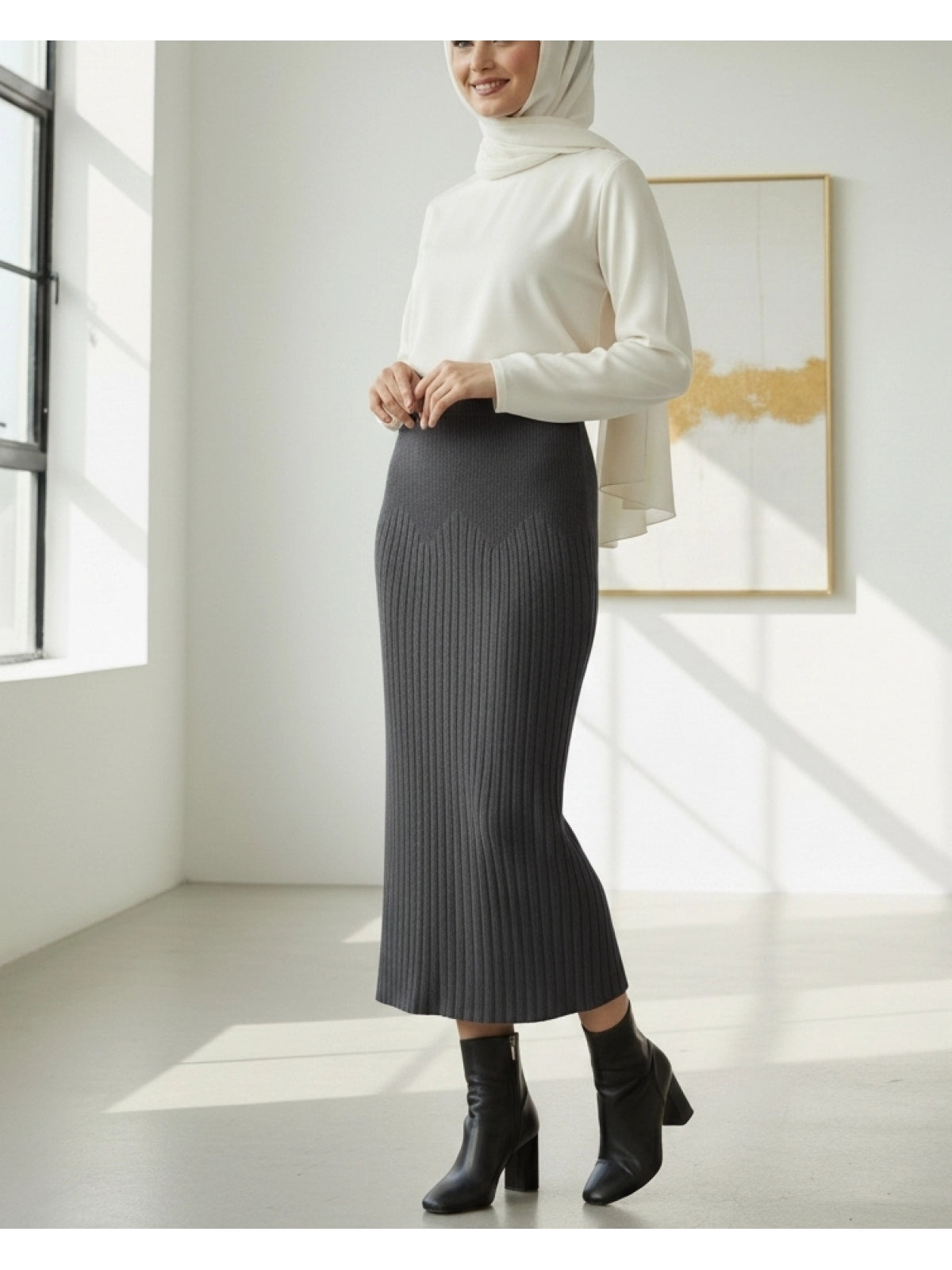 Charcoal Grey Ribbed Knit Straight Modest Maxi Skirt