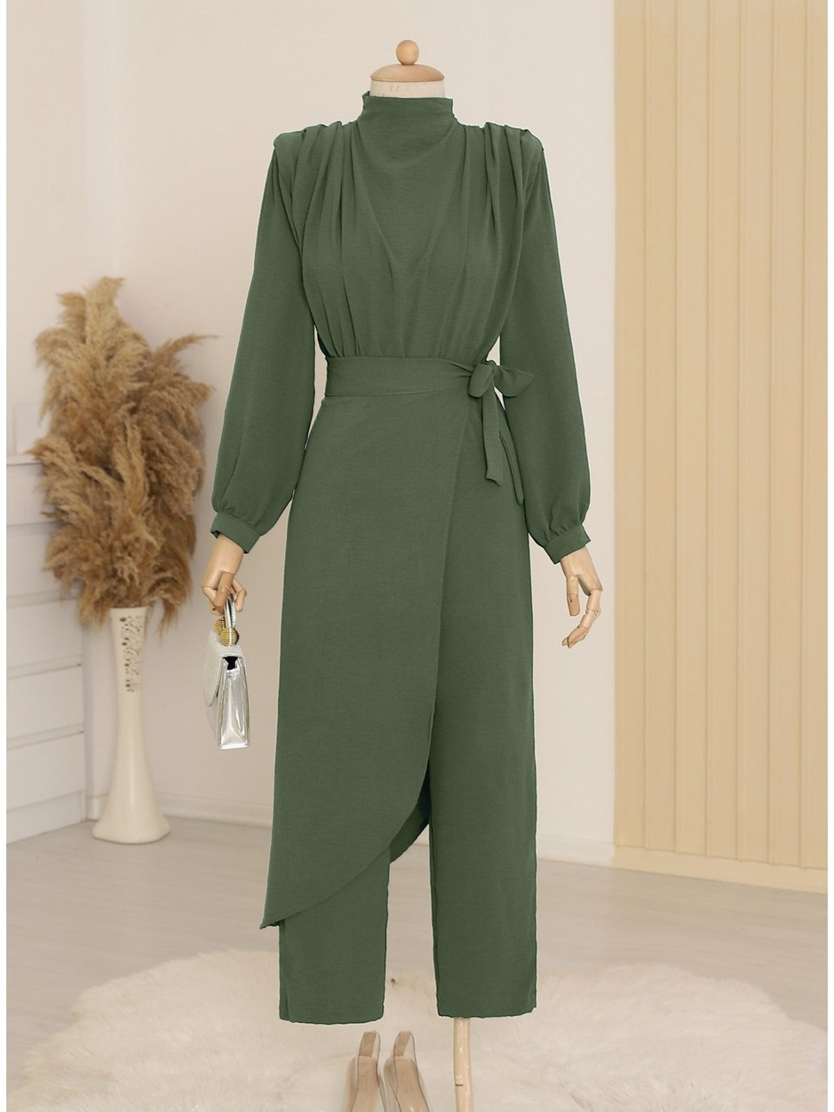 flowy wrap style modest jumpsuit evening wear