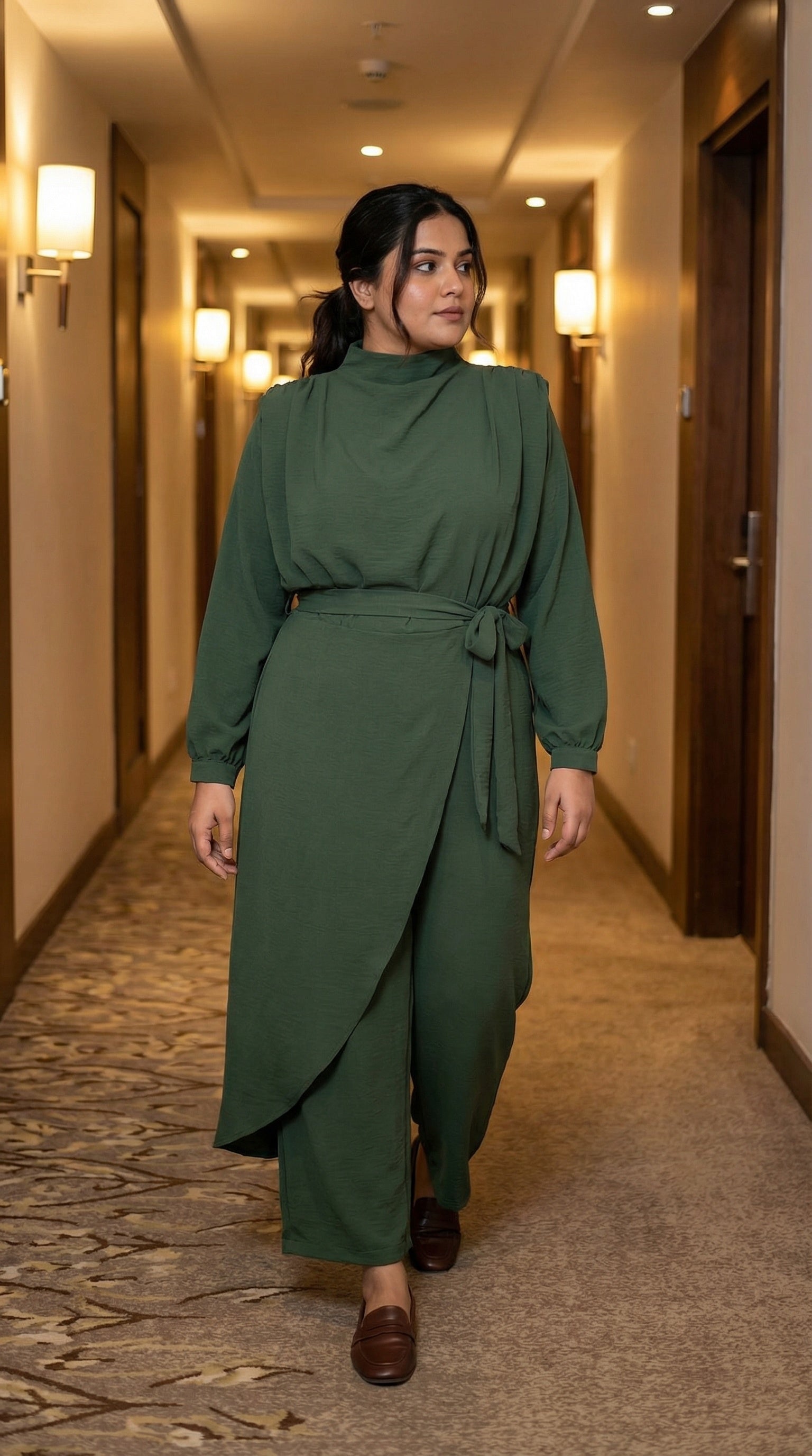 elegant forest green wide leg modest jumpsuit