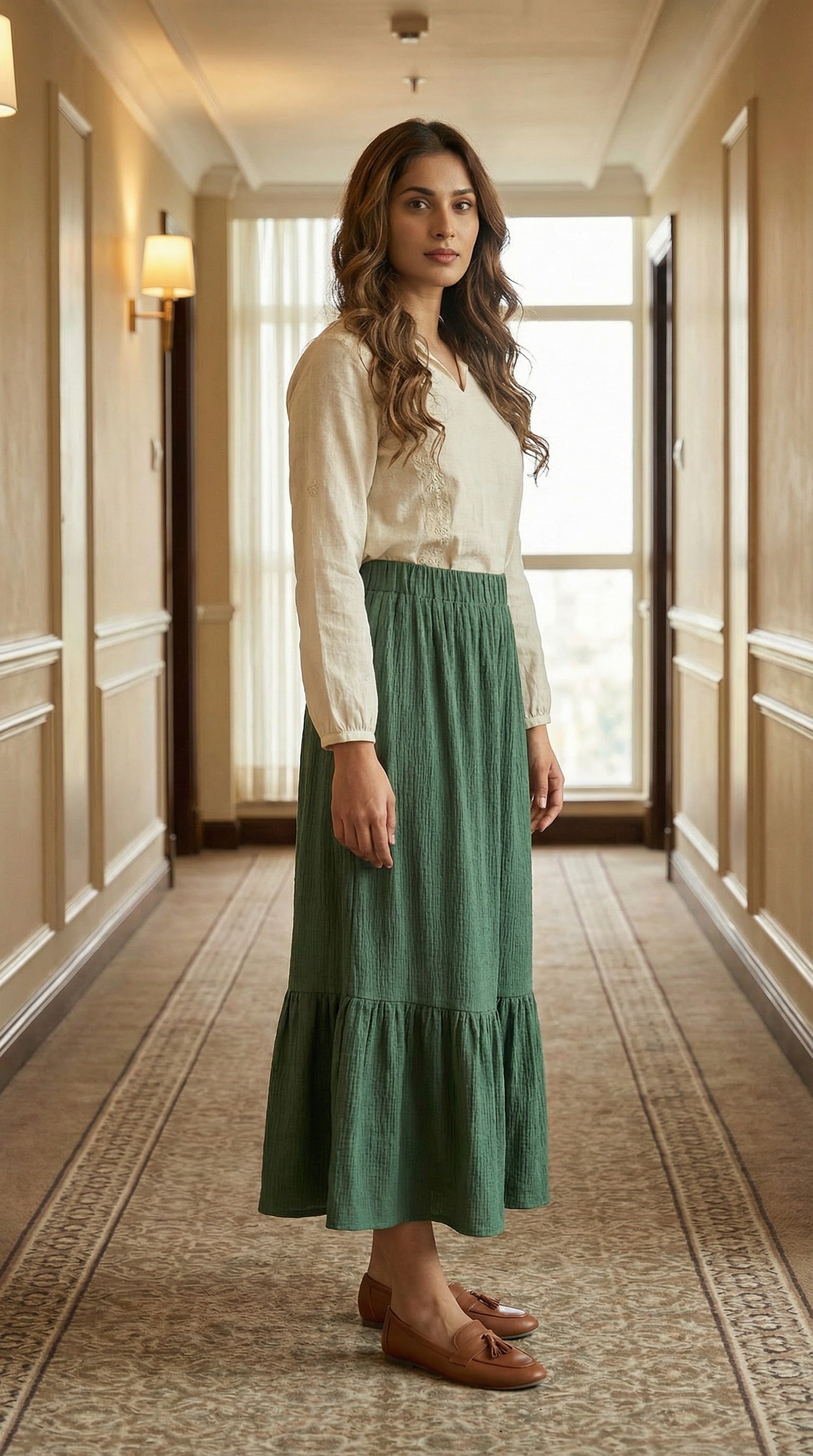 Modest Green Cascual Maxi Skirt for Women India online