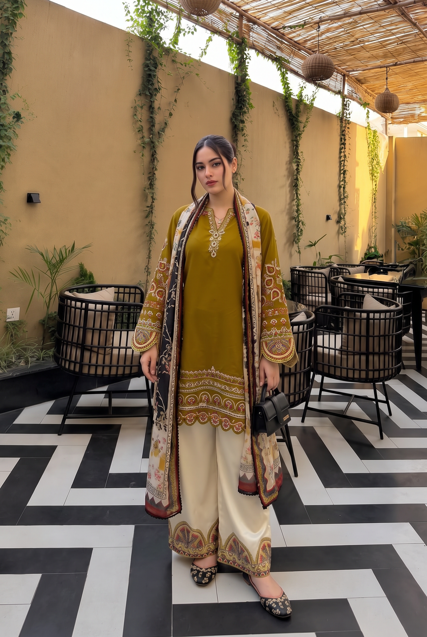 embroidered roman silk kurta set