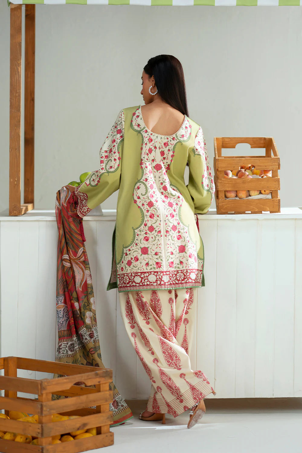 Three-piece floral co-ord outfit with multicoloured printed scarf
