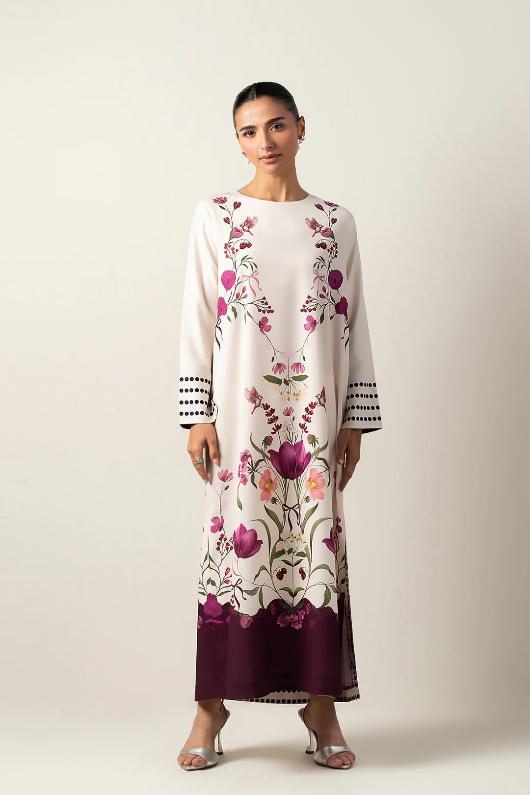 ivory crepe modest dress with floral print