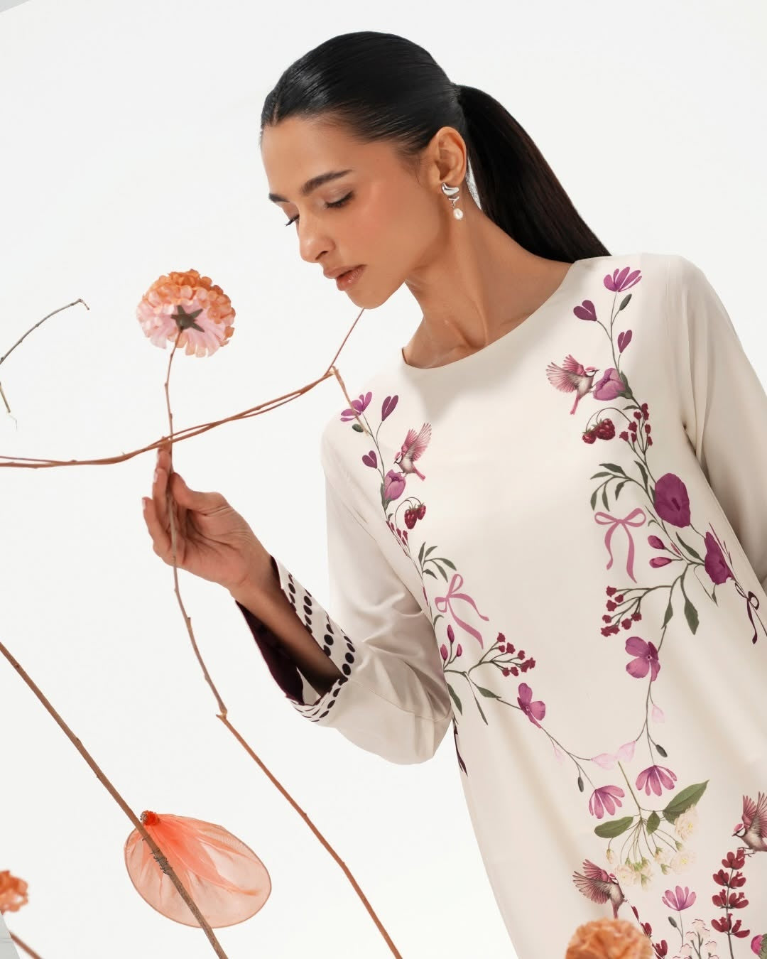 premium crepe modest dress ivory floral