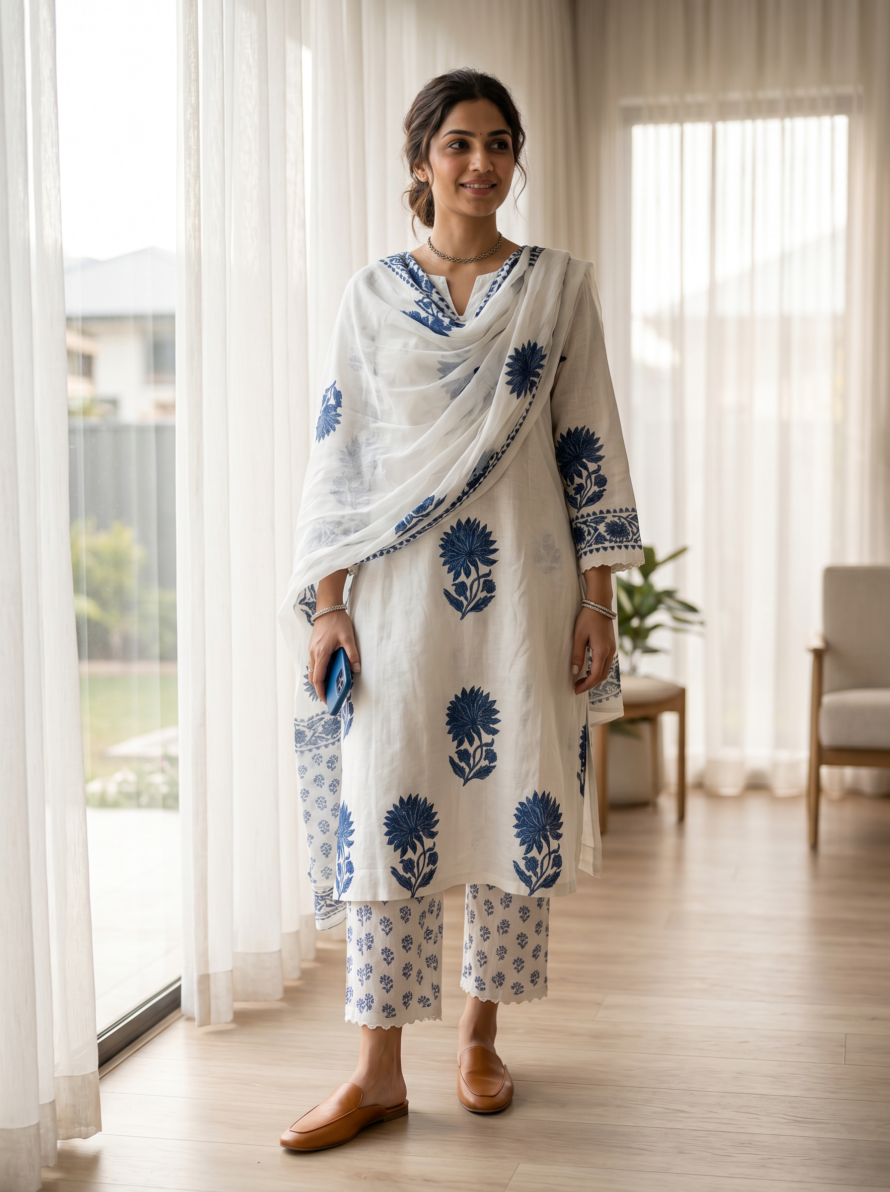 ivory indigo floral printed kurta set