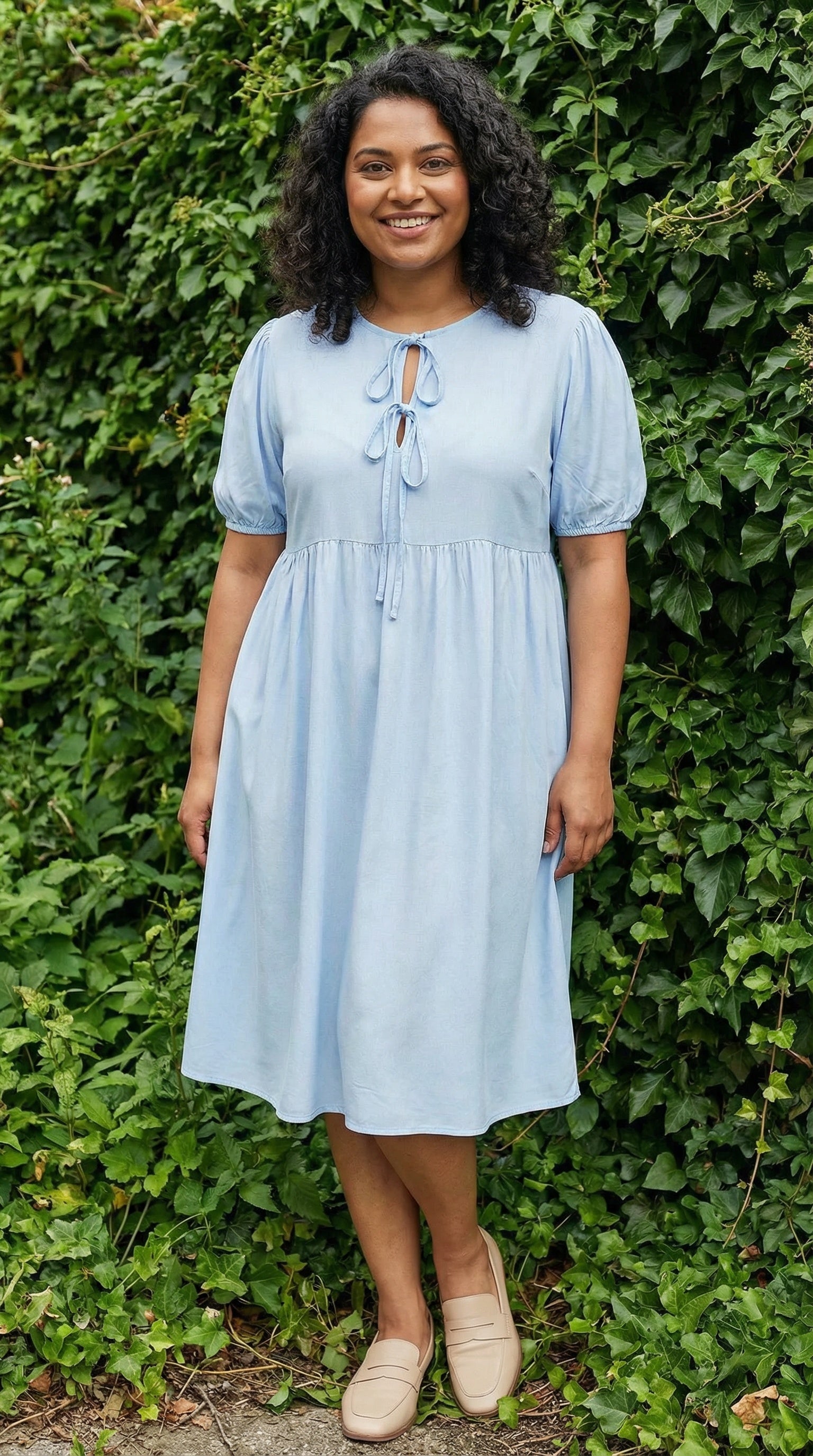 Light Blue Short Sleeve Tie-Front Dress