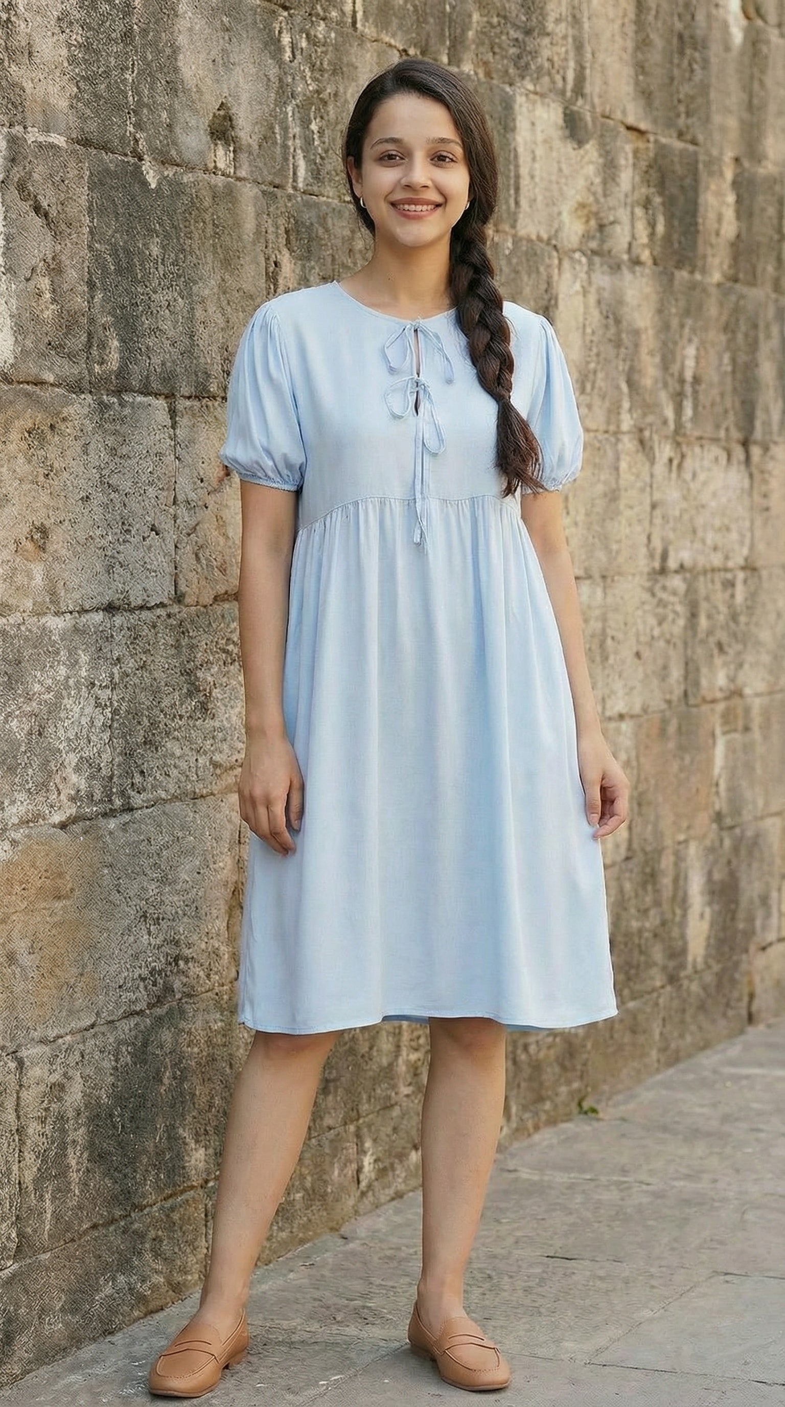 Light Blue Short Sleeve Tie-Front Dress