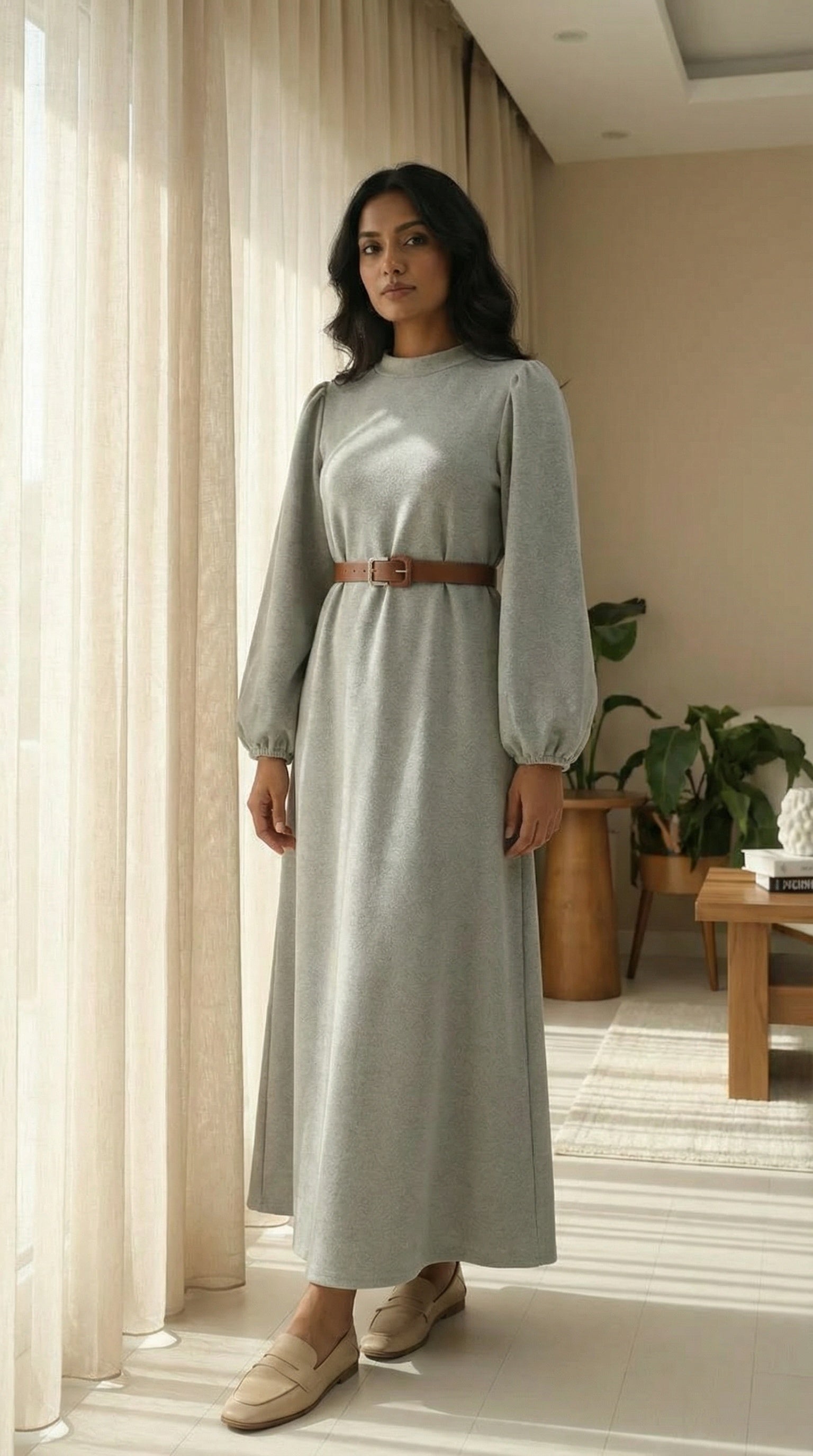 Light Grey Puff Sleeve Belted Modest Maxi Dress