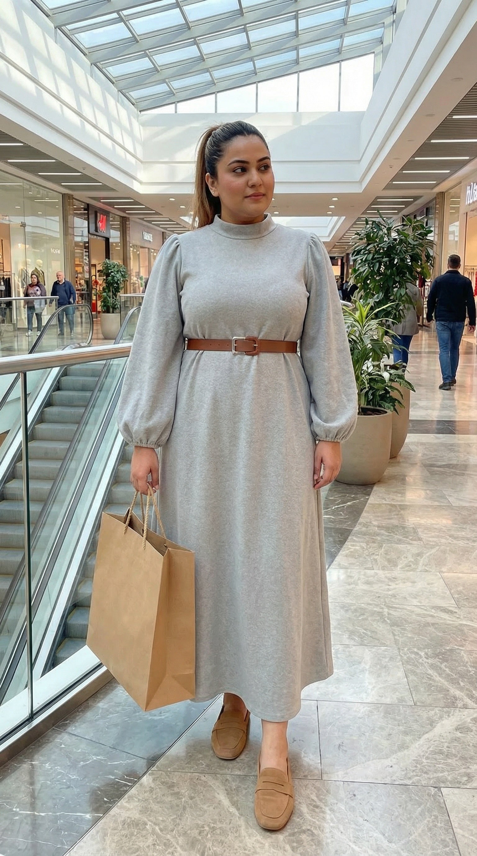 Light Grey Puff Sleeve Belted Modest Maxi Dress