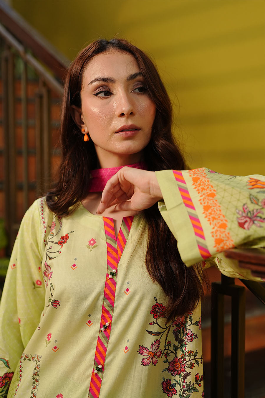 lime floral kurta pants dupatta set