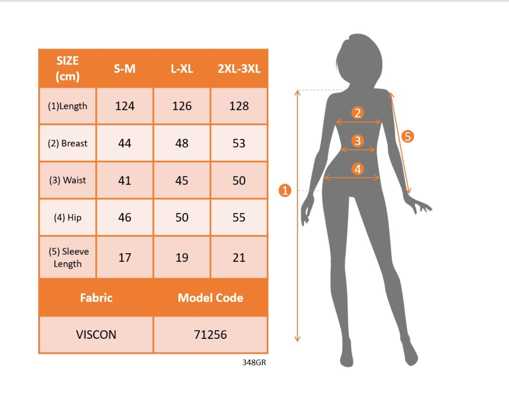 Measurement chart for clothing sizes with a silhouette and dimensions.