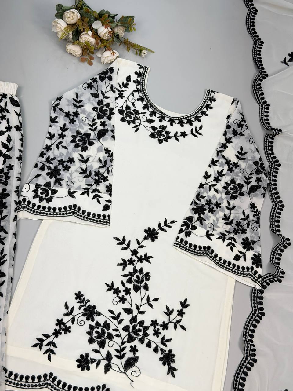 embroidered faux georgette sharara set