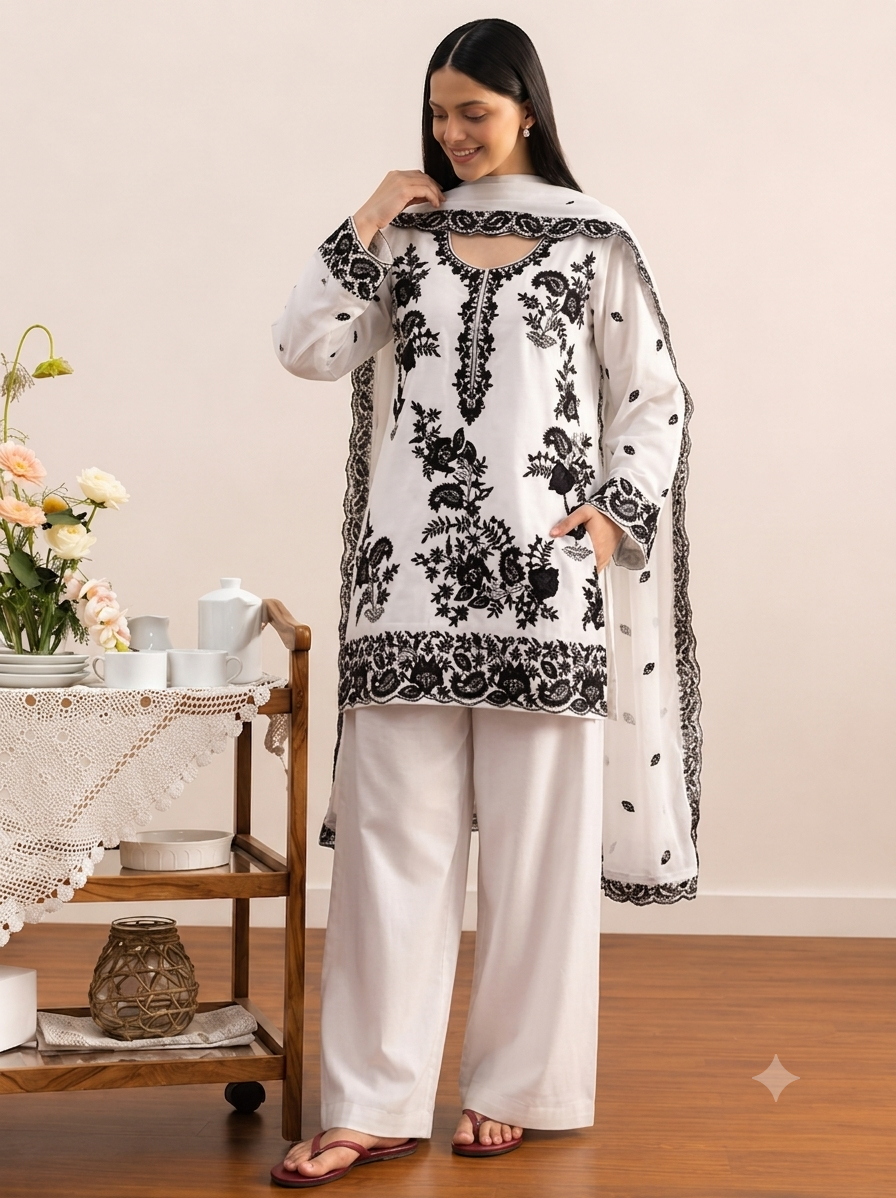 black floral embroidered cambric cotton kurta set