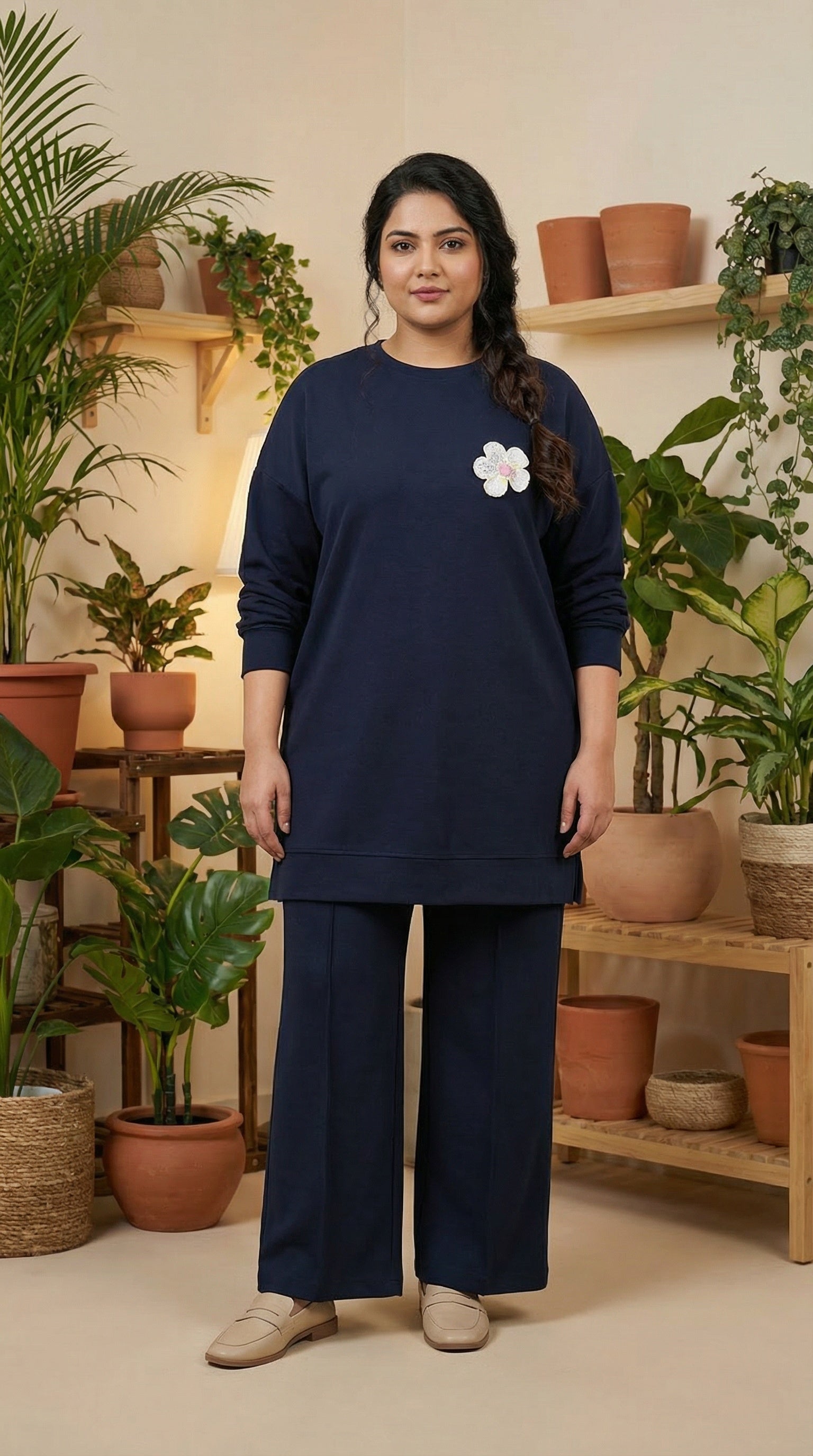Navy Bloom Modest Embroidered Longline Tunic