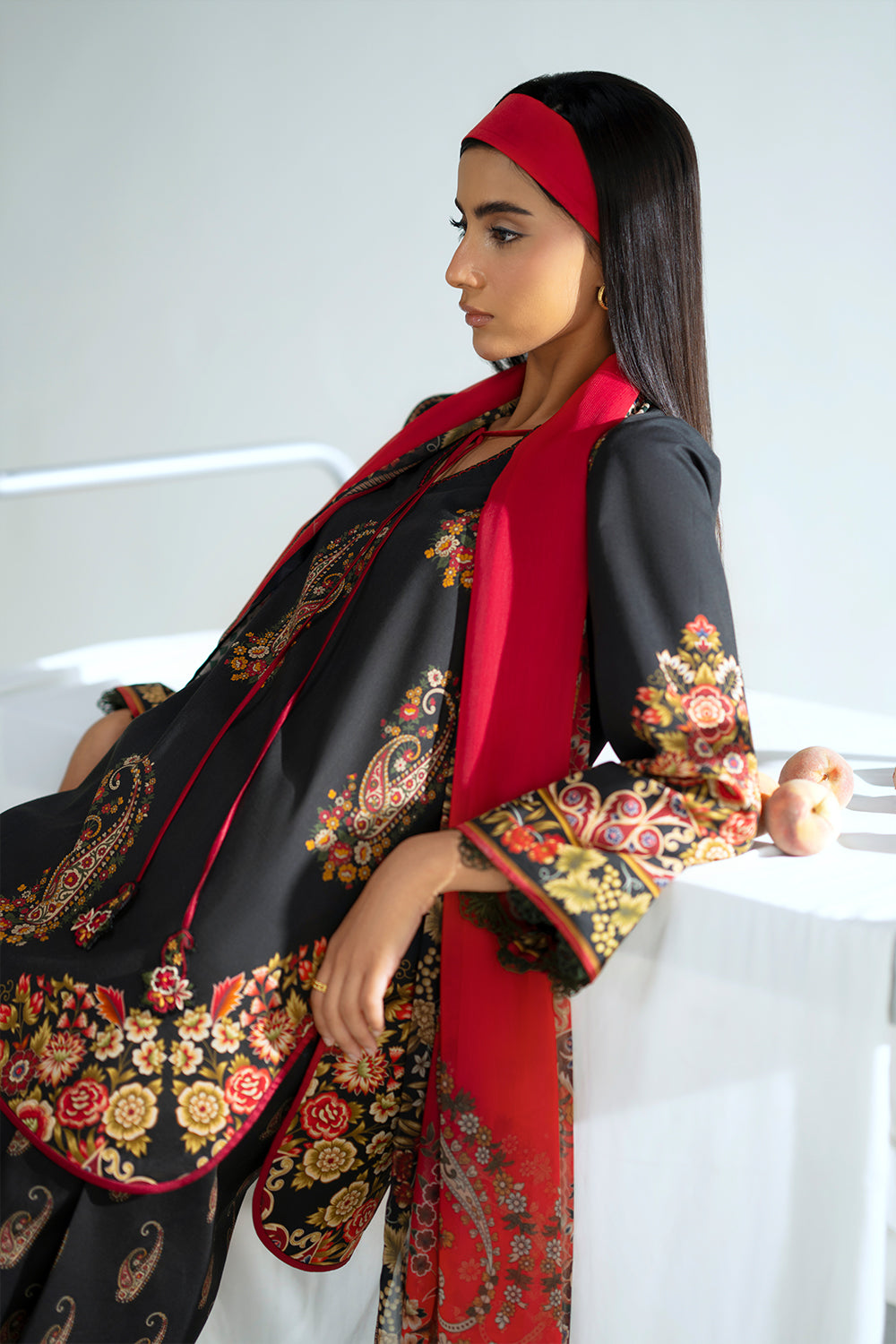 festive modest outfit black and crimson
