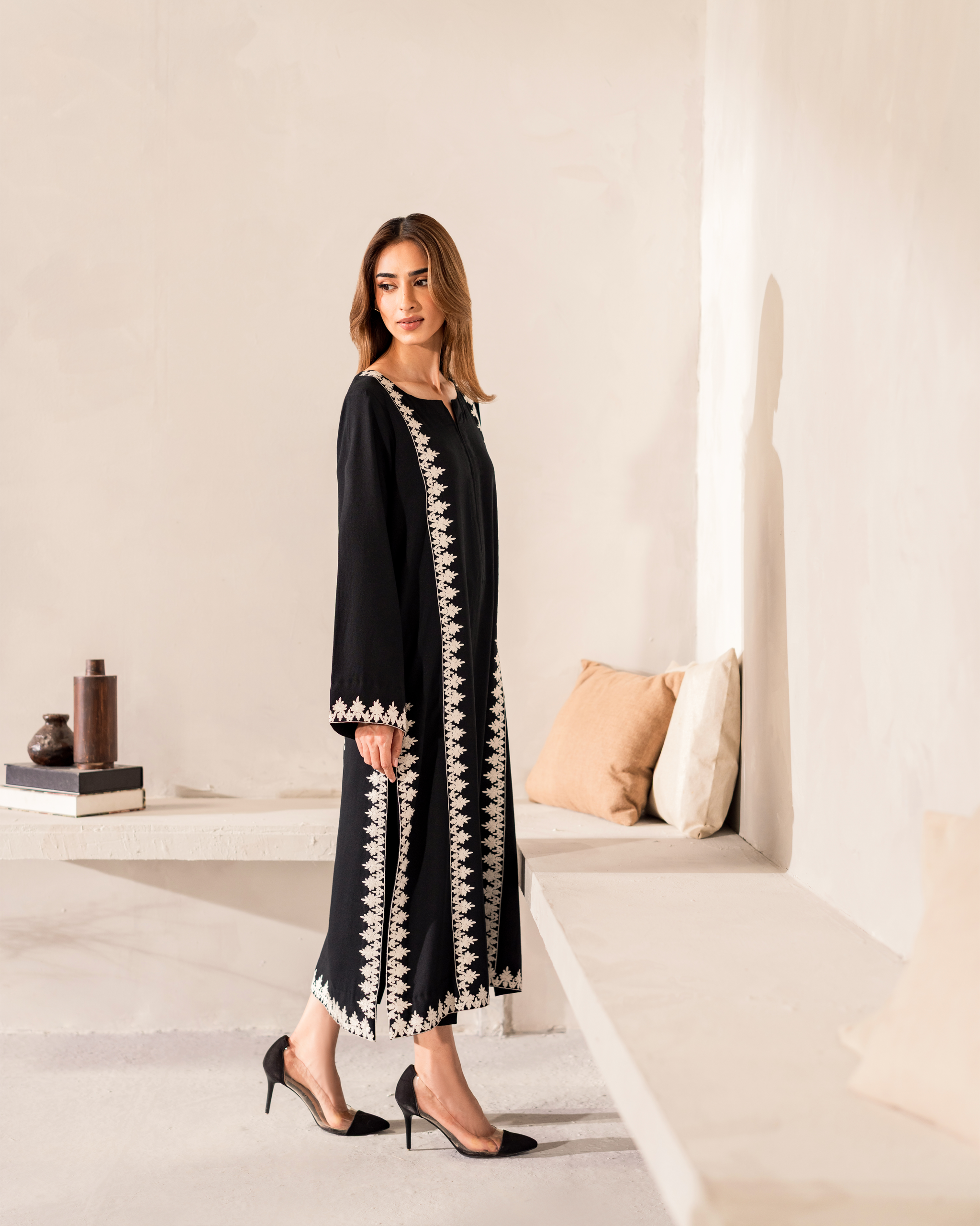 black ivory embroidered modest coord set