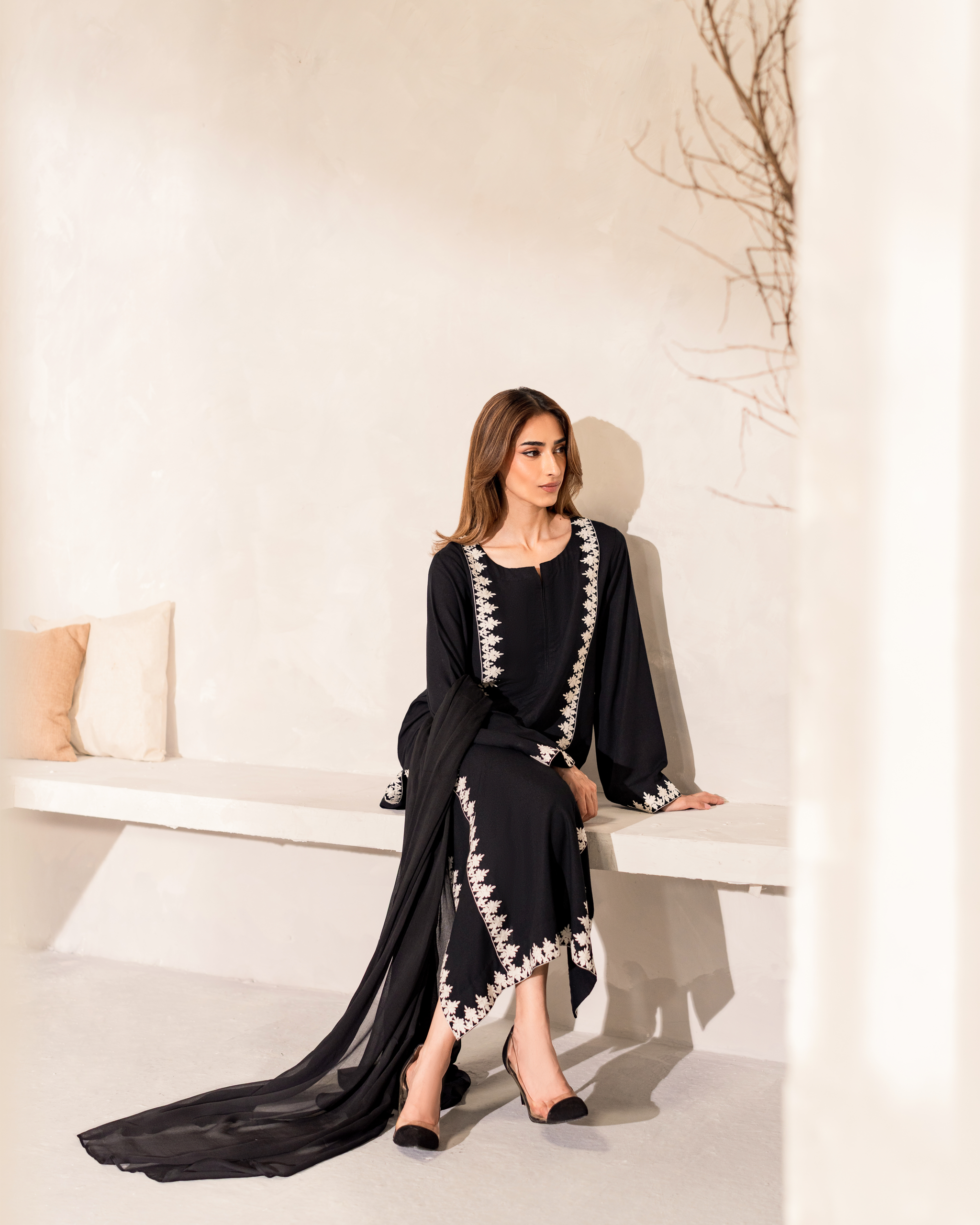 noir embroidered kurta set with dupatta