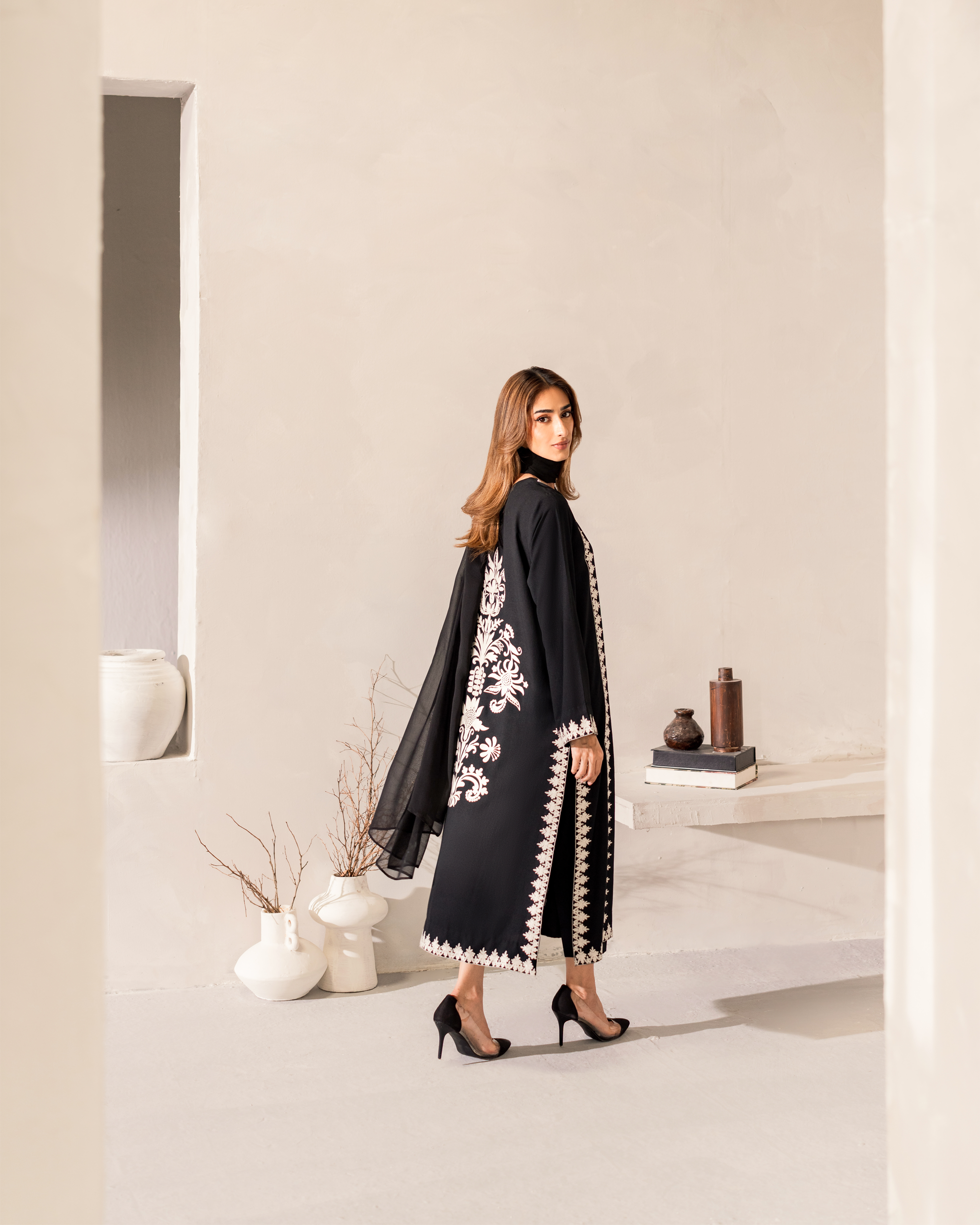 Noir Ivory Embroidered Signature Modest Co-Ord Set With Hand-Dyed Scarf
