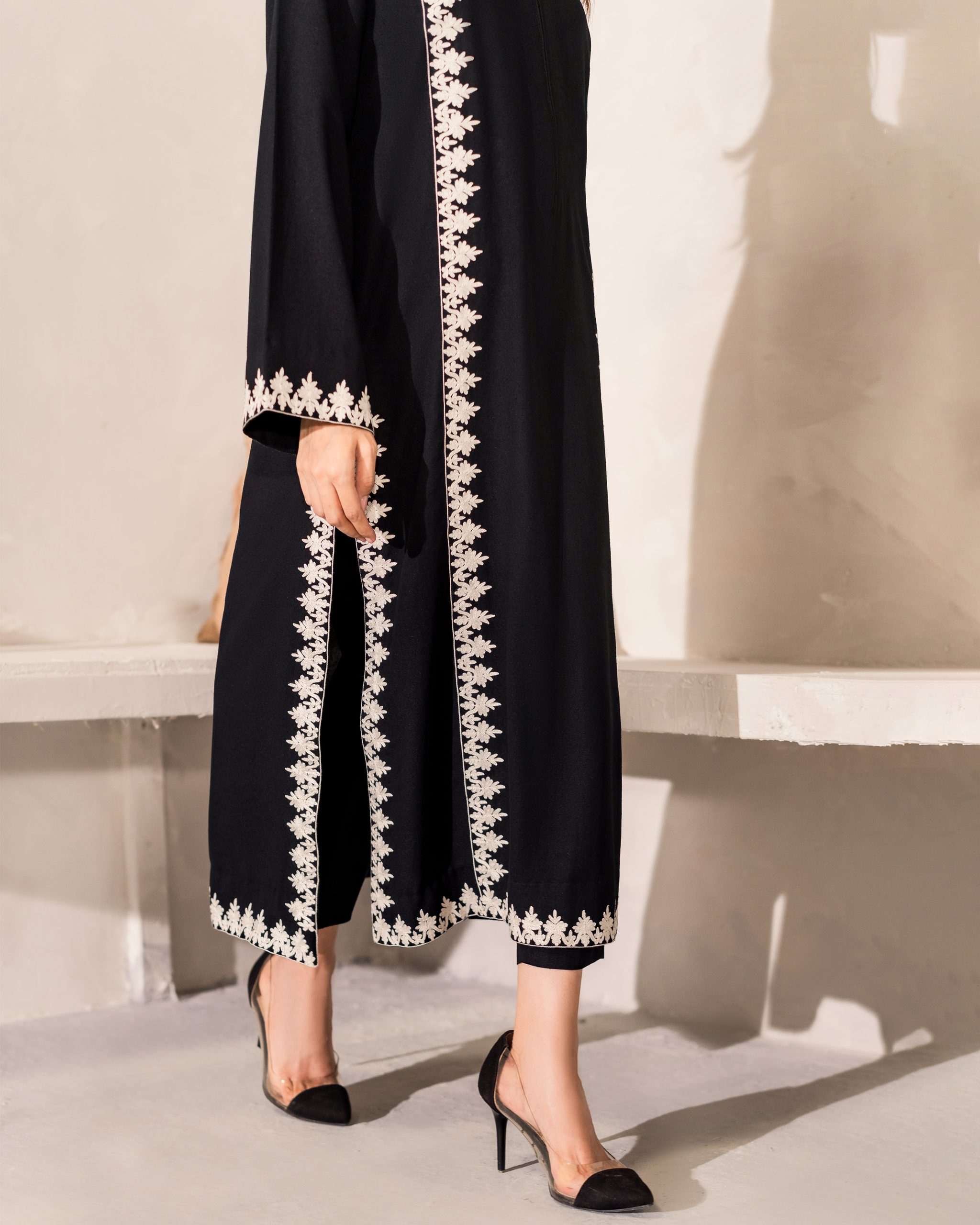 Noir Ivory Embroidered Signature Modest Co-Ord Set With Hand-Dyed Scarf