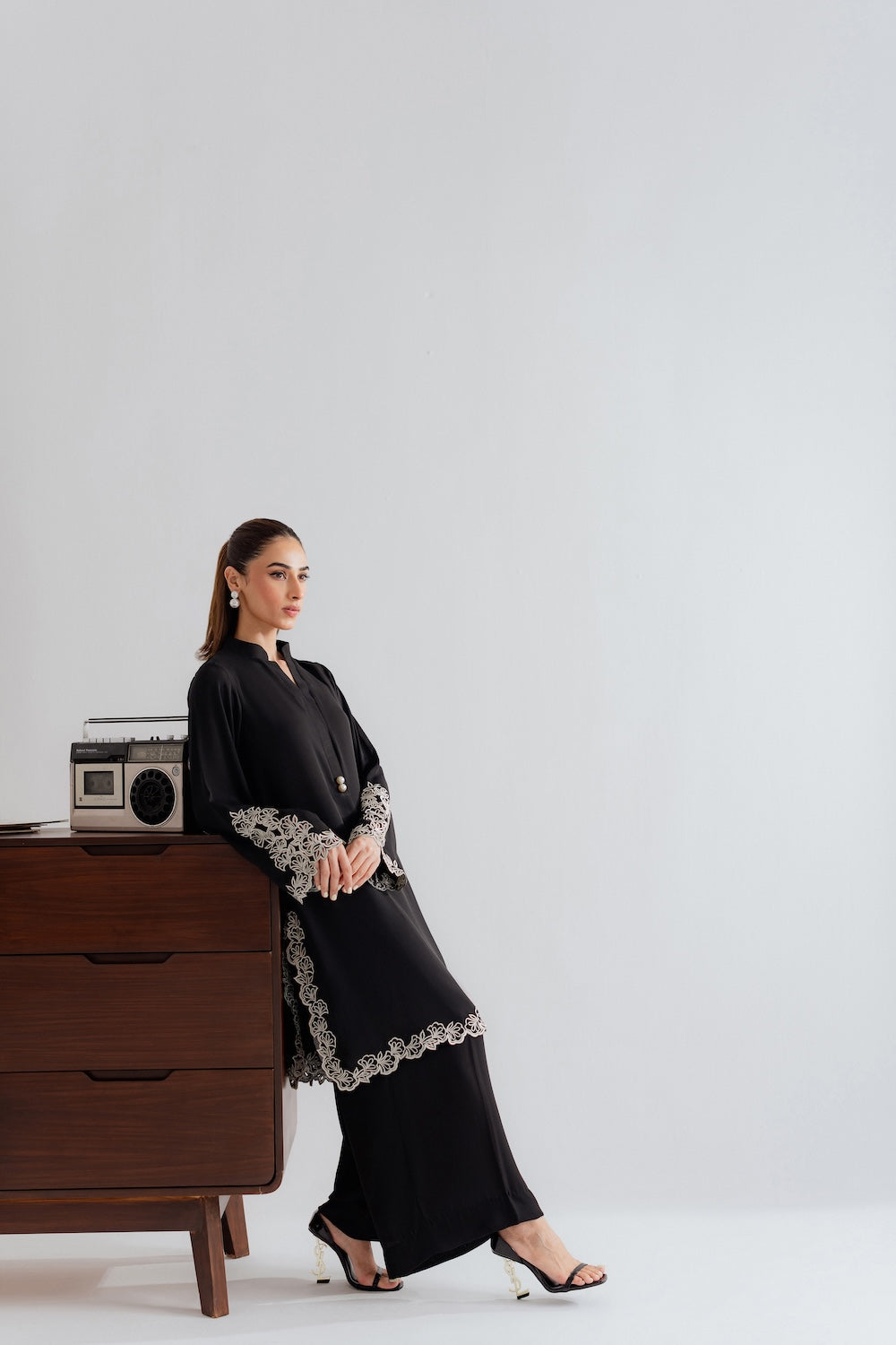 black embroidered modest co ord set women