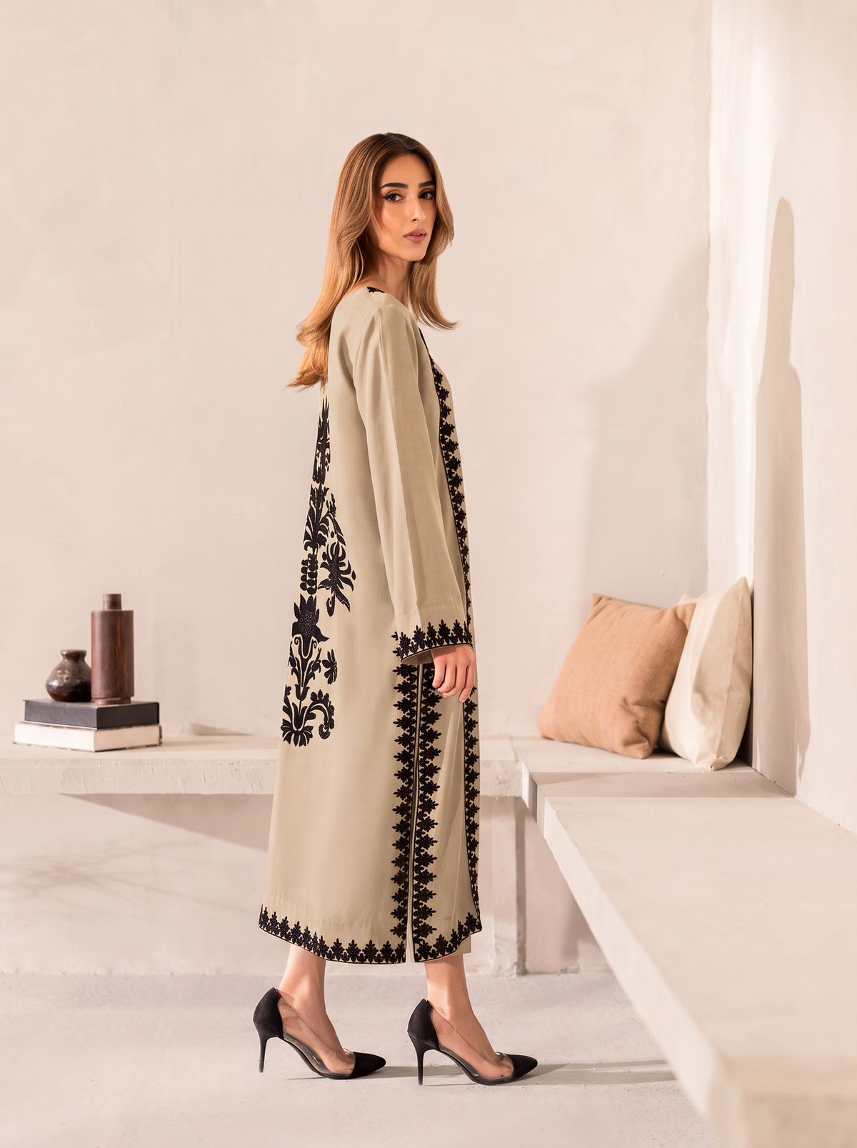 Noir Ivory Embroidered Signature Modest Co-Ord Set With Hand-Dyed Scarf