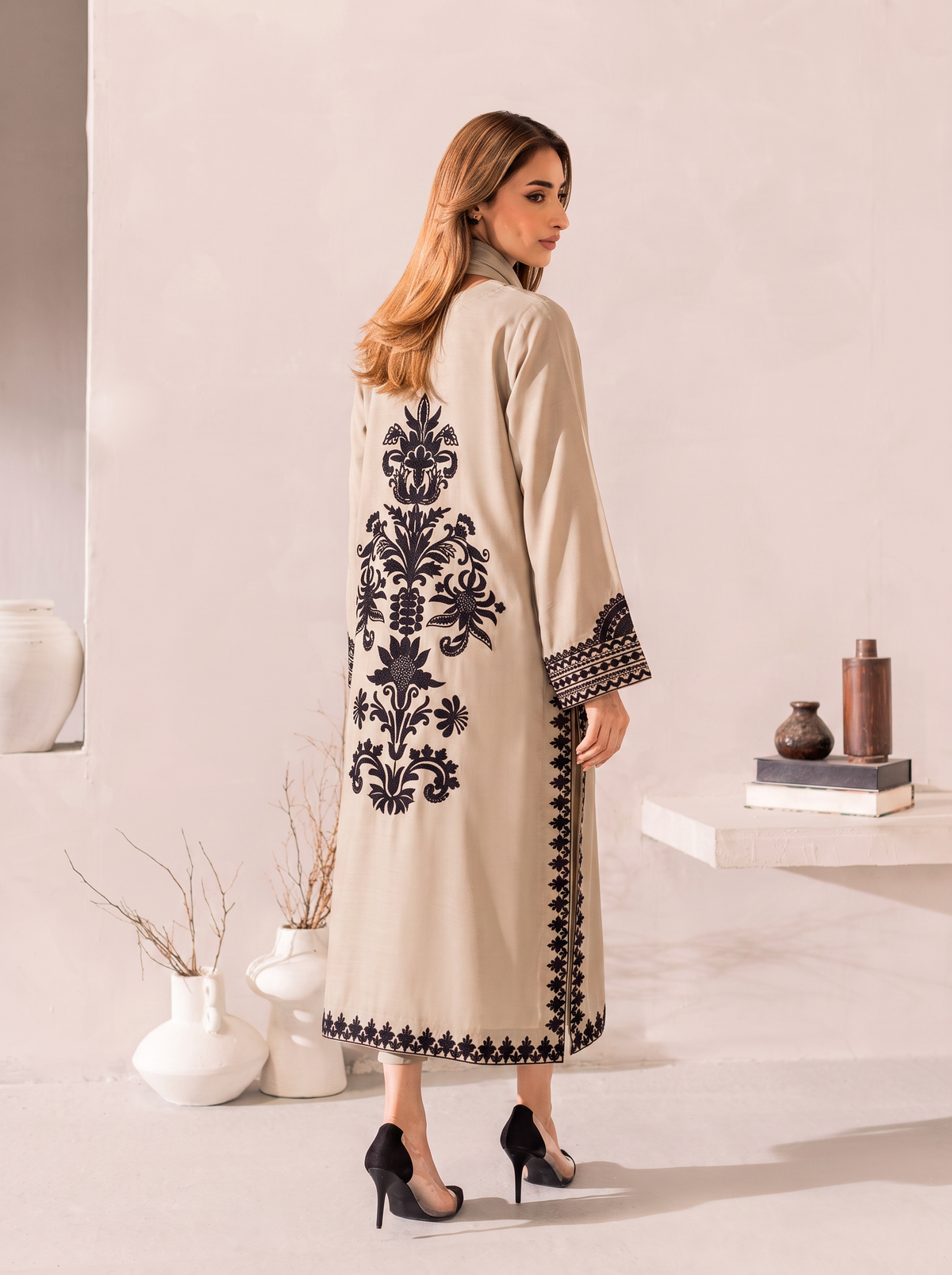 Noir Ivory Embroidered Signature Modest Co-Ord Set With Hand-Dyed Scarf